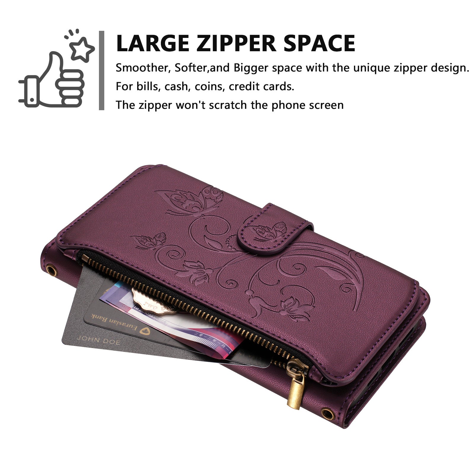 For Honor X5c Plus 4G Leather Case Butterfly Floral Imprint Zipper Wallet Stand Cover with Wrist Strap