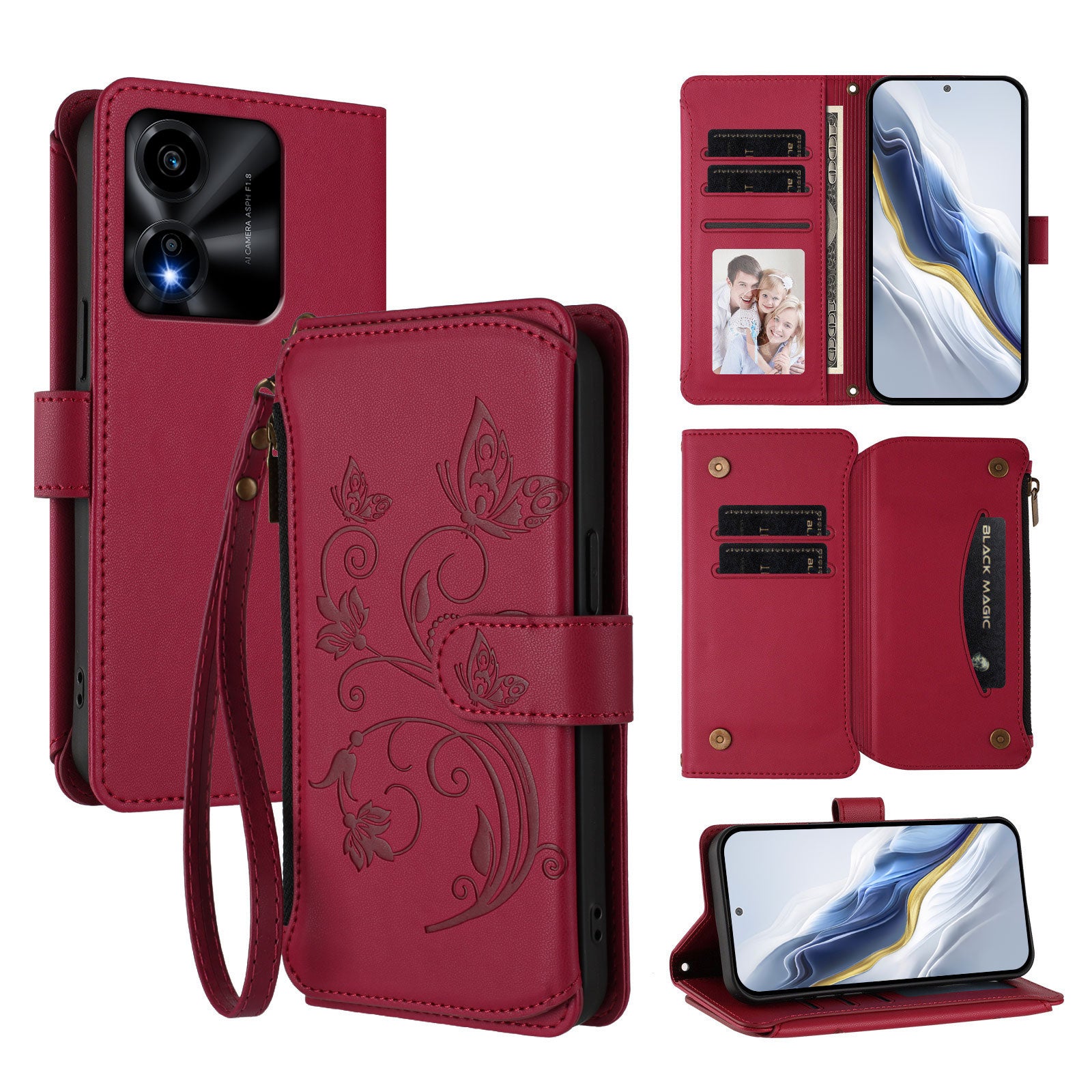 For Honor X5c Plus 4G Leather Case Butterfly Floral Imprint Zipper Wallet Stand Cover with Wrist Strap