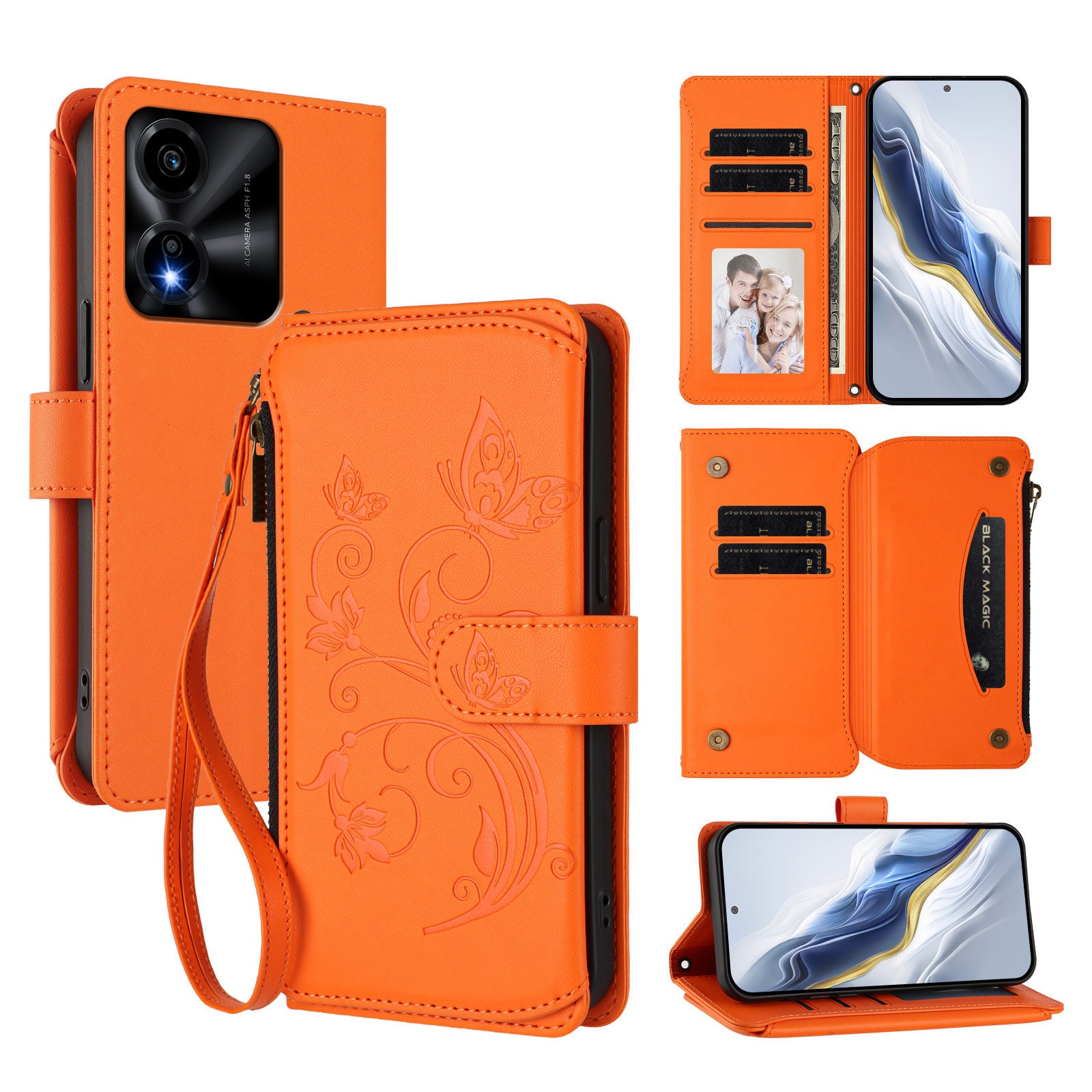 For Honor X5c Plus 4G Leather Case Butterfly Floral Imprint Zipper Wallet Stand Cover with Wrist Strap