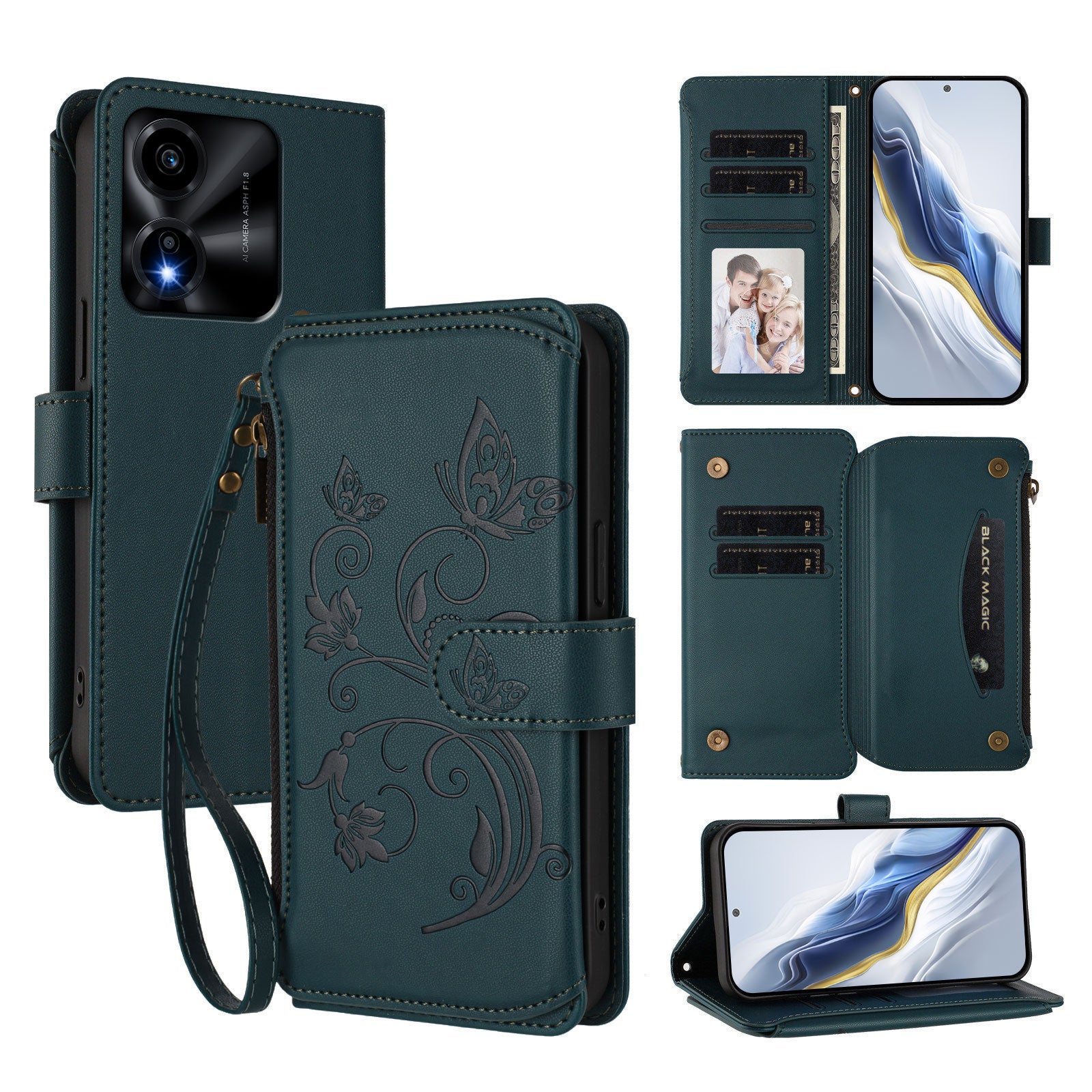 For Honor X5c Plus 4G Leather Case Butterfly Floral Imprint Zipper Wallet Stand Cover with Wrist Strap