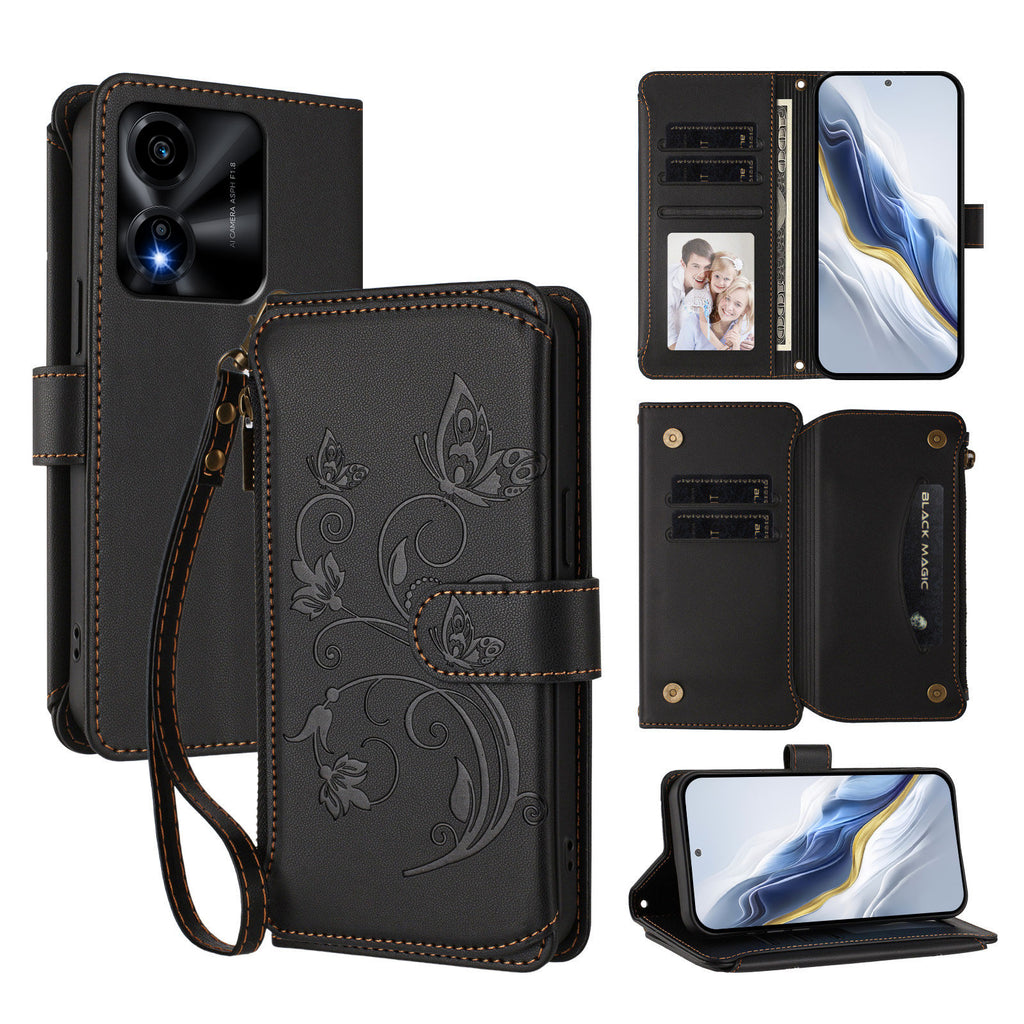 For Honor X5c Plus 4G Leather Case Butterfly Floral Imprint Zipper Wallet Stand Cover with Wrist Strap