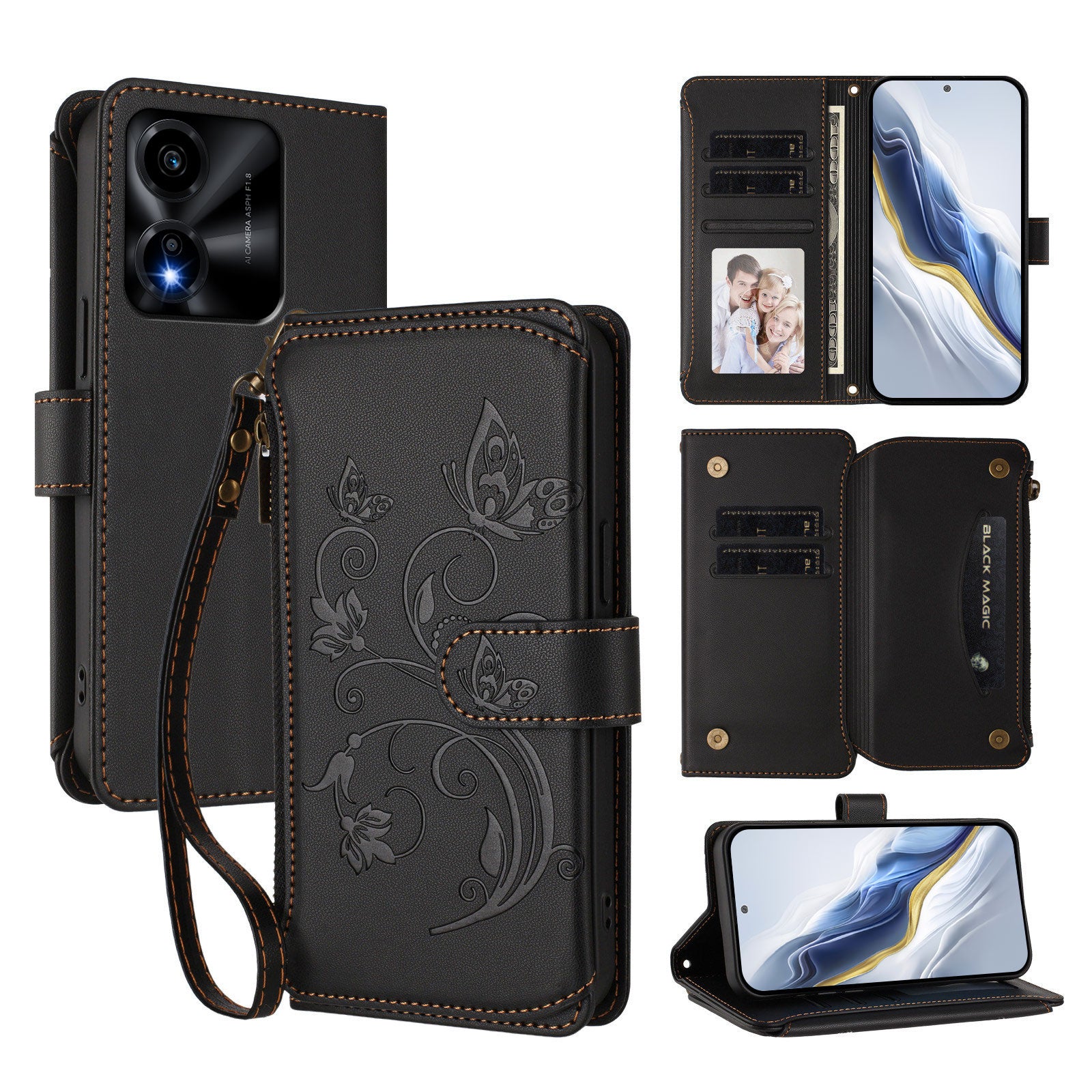For Honor X5c Plus 4G Leather Case Butterfly Floral Imprint Zipper Wallet Stand Cover with Wrist Strap
