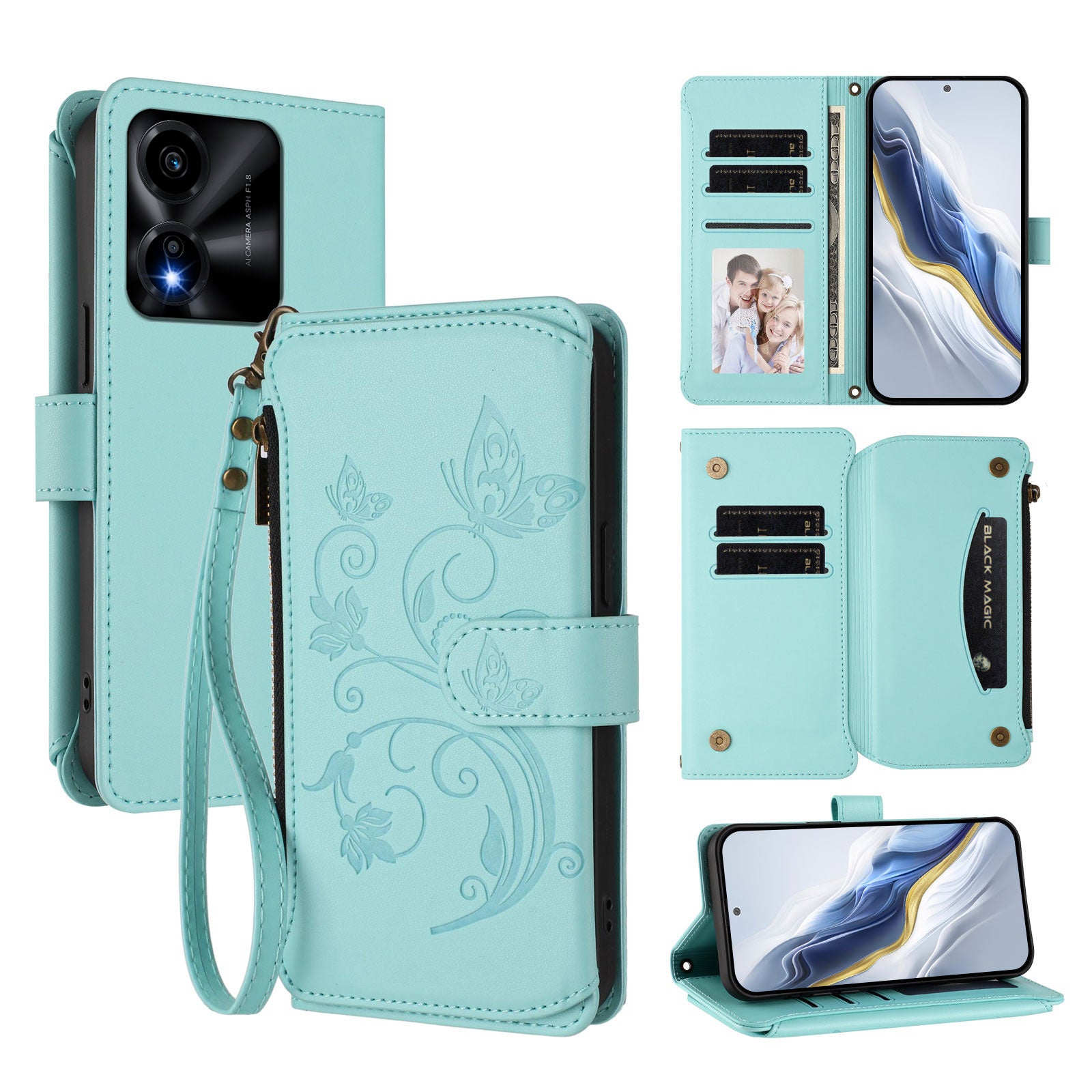 For Honor X5c Plus 4G Leather Case Butterfly Floral Imprint Zipper Wallet Stand Cover with Wrist Strap