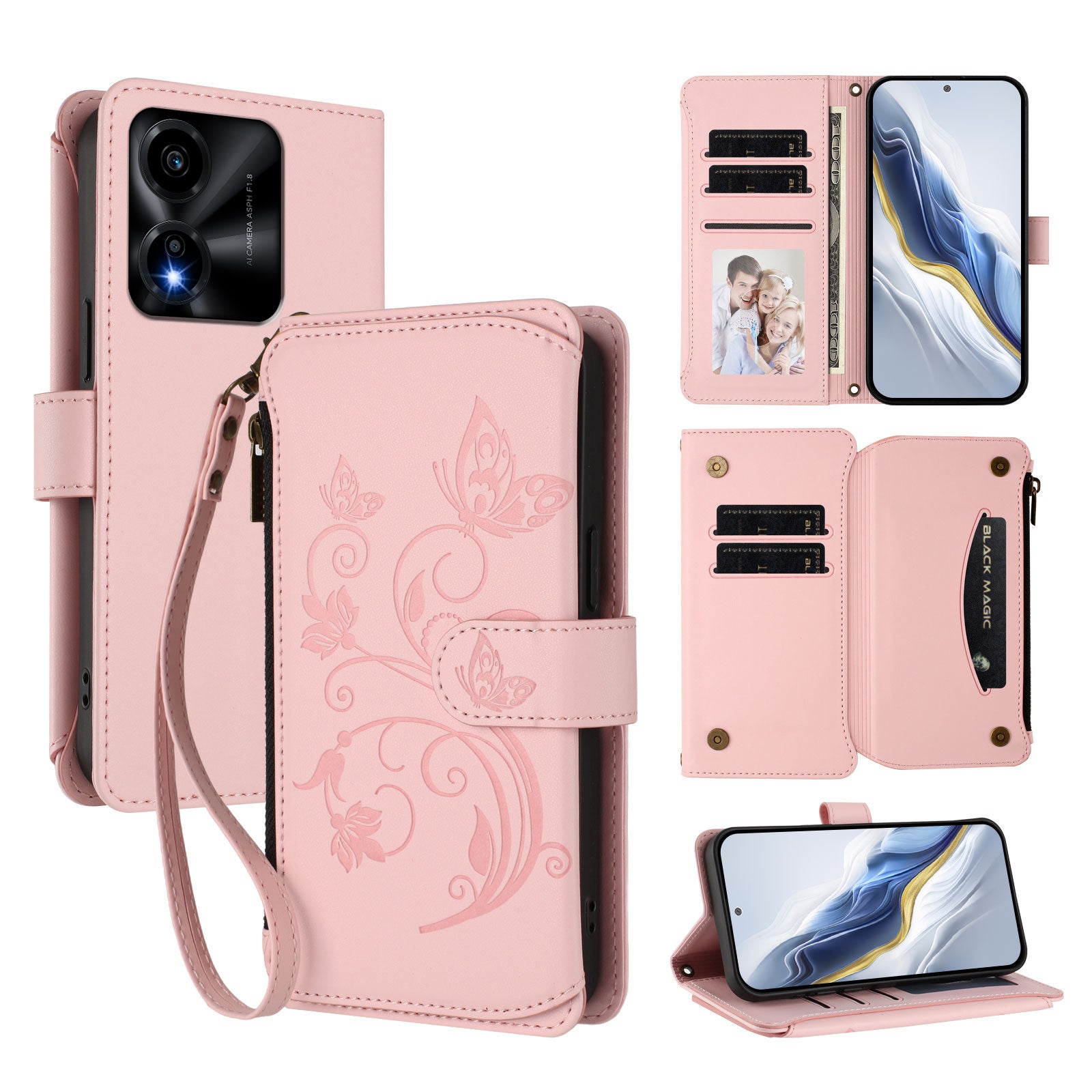 For Honor X5c Plus 4G Leather Case Butterfly Floral Imprint Zipper Wallet Stand Cover with Wrist Strap