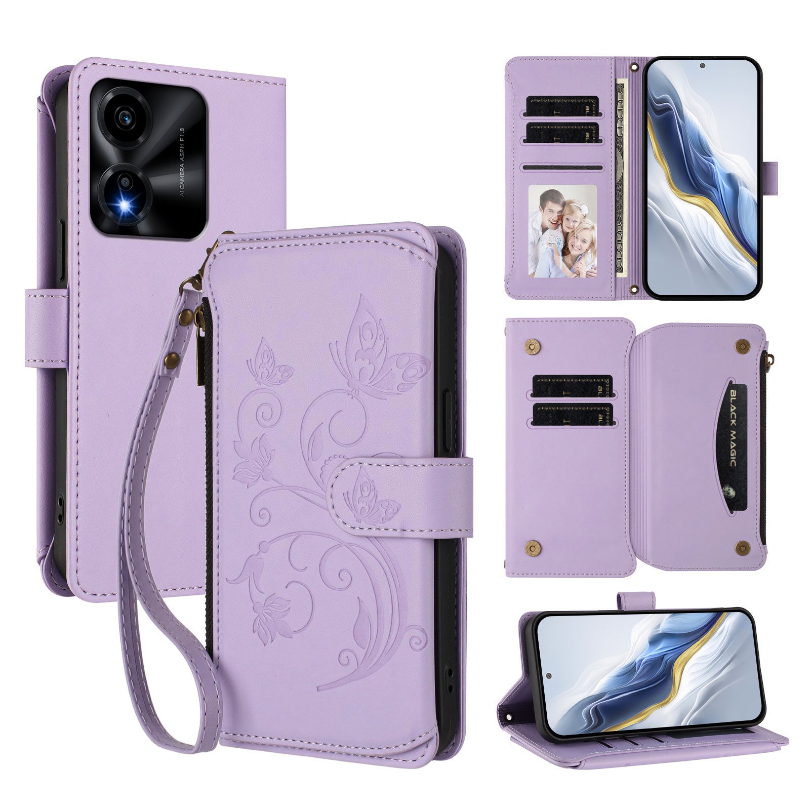 For Honor X5c Plus 4G Leather Case Butterfly Floral Imprint Zipper Wallet Stand Cover with Wrist Strap