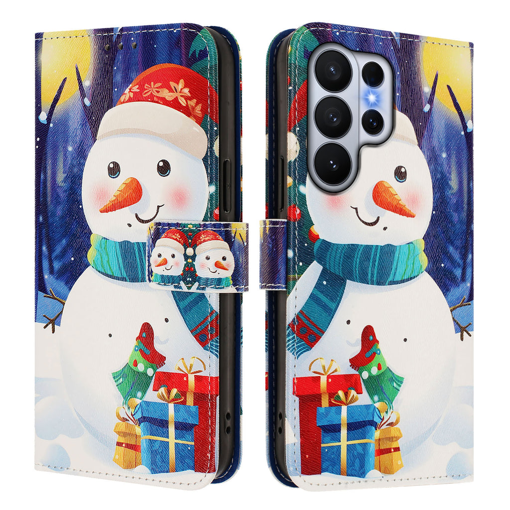 For Samsung Galaxy S26 Ultra Wallet Case Christmas Pattern Printing Leather Phone Cover with Lanyard