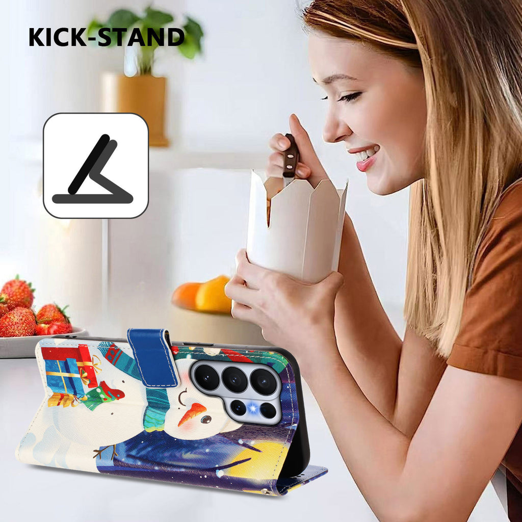 For Samsung Galaxy S26 Ultra Wallet Case Christmas Pattern Printing Leather Phone Cover with Lanyard