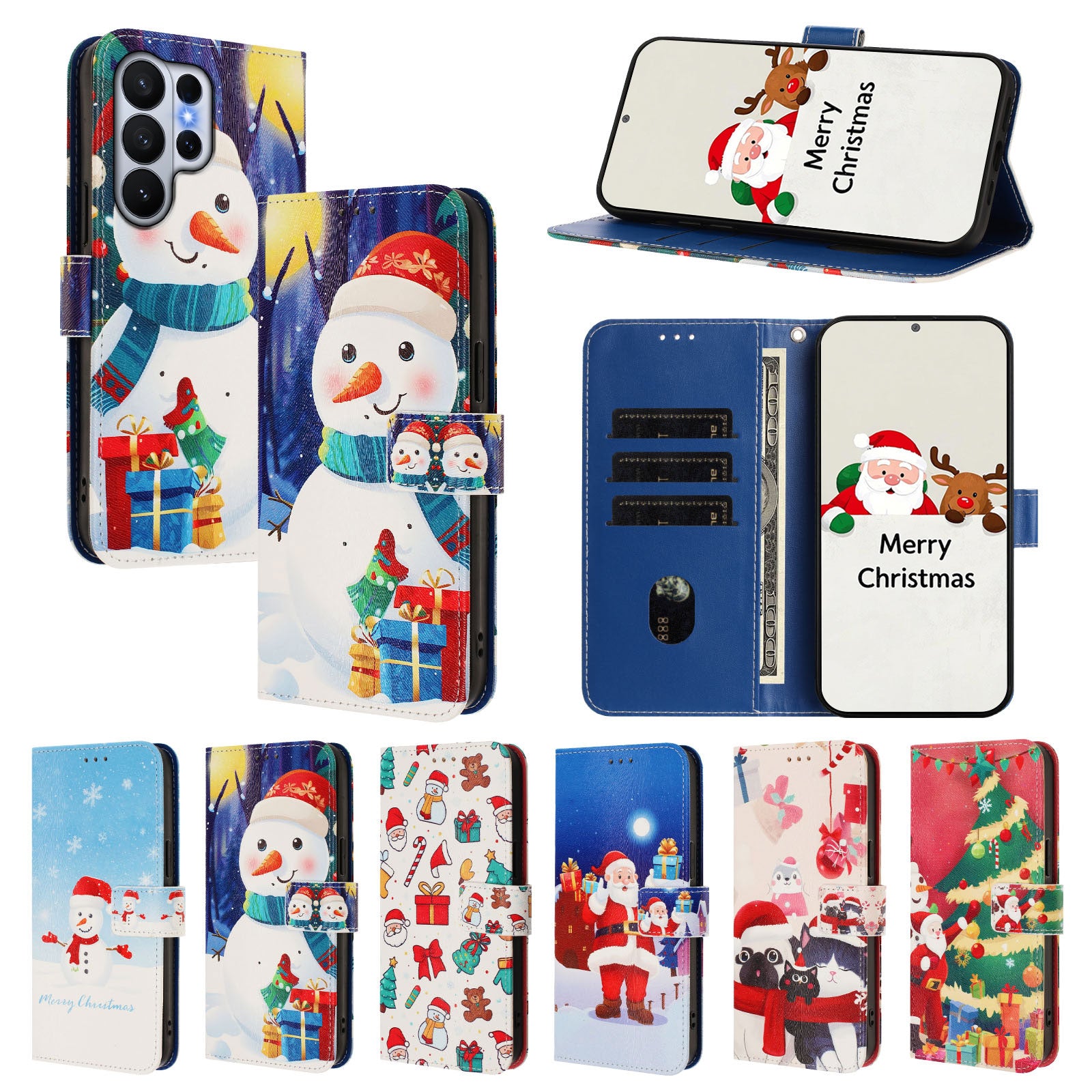 For Samsung Galaxy S26 Ultra Wallet Case Christmas Pattern Printing Leather Phone Cover with Lanyard