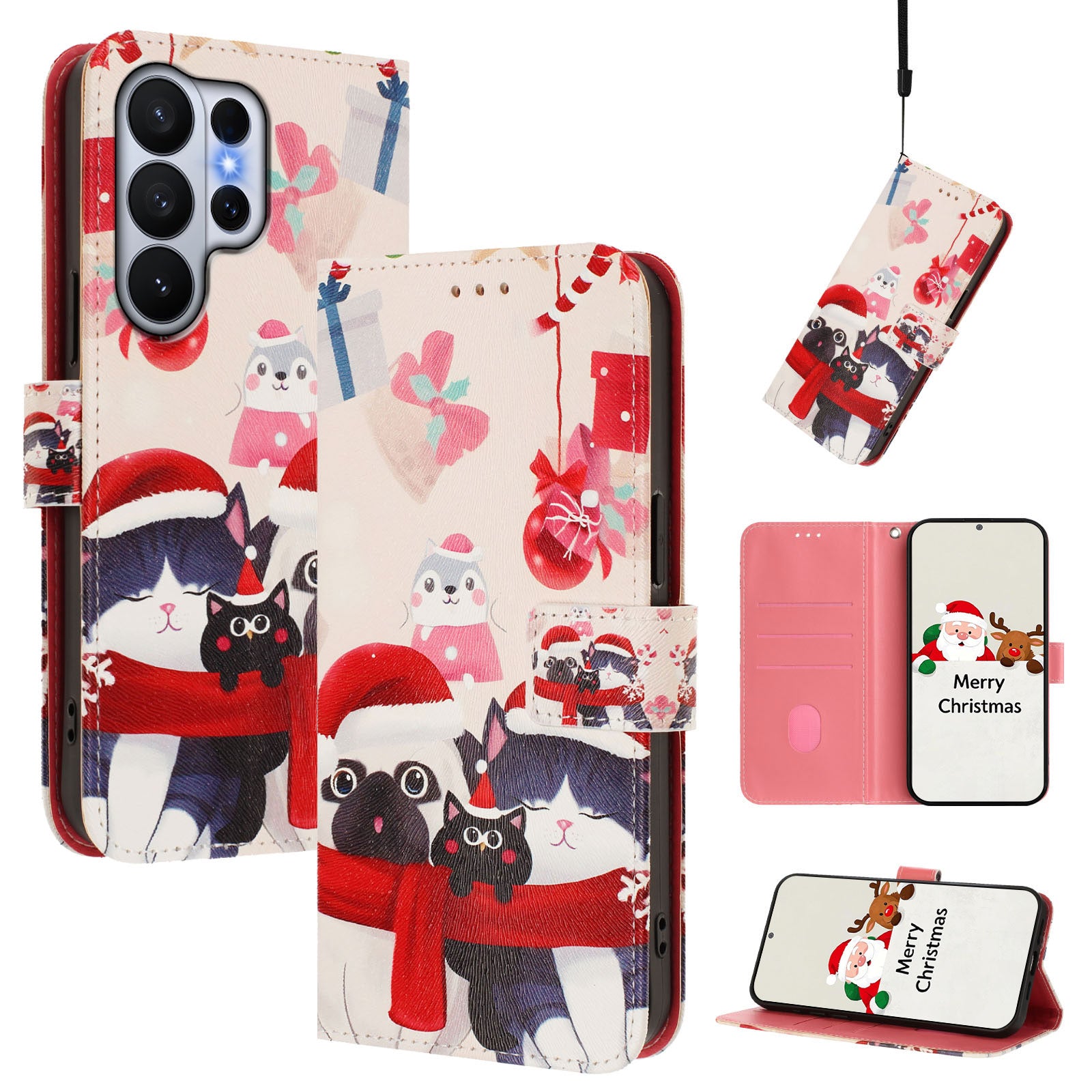 For Samsung Galaxy S26 Ultra Wallet Case Christmas Pattern Printing Leather Phone Cover with Lanyard