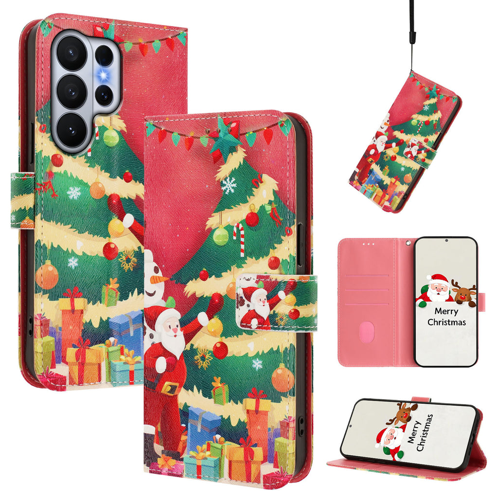 For Samsung Galaxy S26 Ultra Wallet Case Christmas Pattern Printing Leather Phone Cover with Lanyard