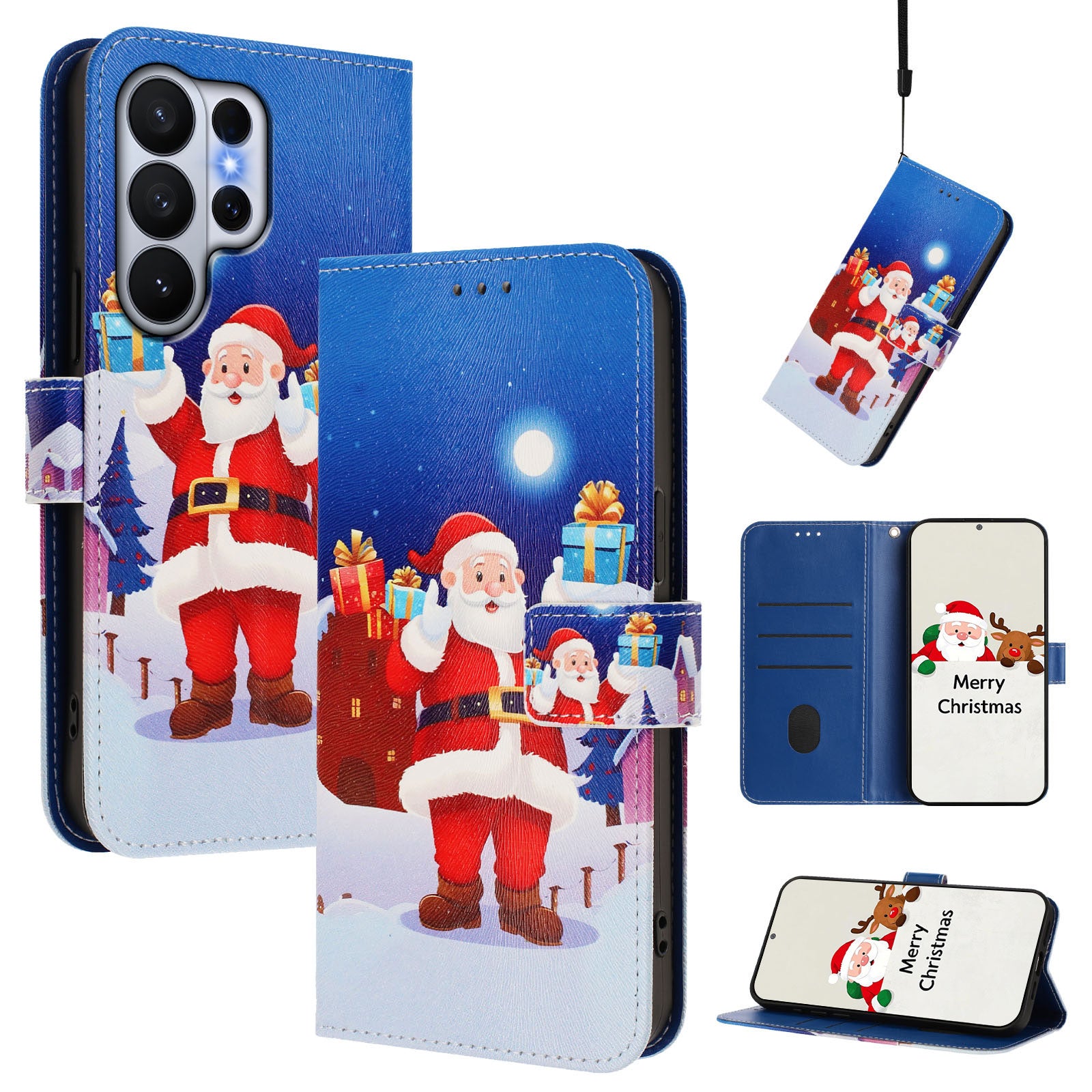 For Samsung Galaxy S26 Ultra Wallet Case Christmas Pattern Printing Leather Phone Cover with Lanyard