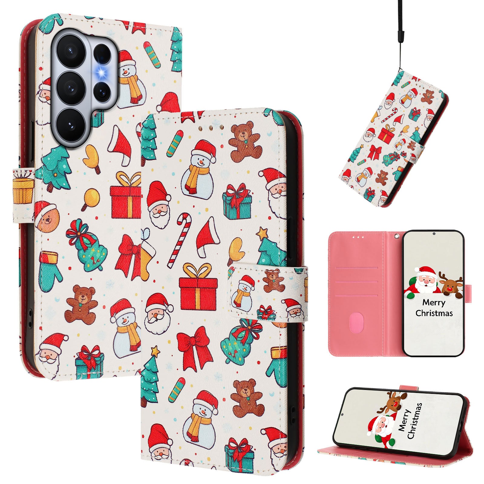 For Samsung Galaxy S26 Ultra Wallet Case Christmas Pattern Printing Leather Phone Cover with Lanyard