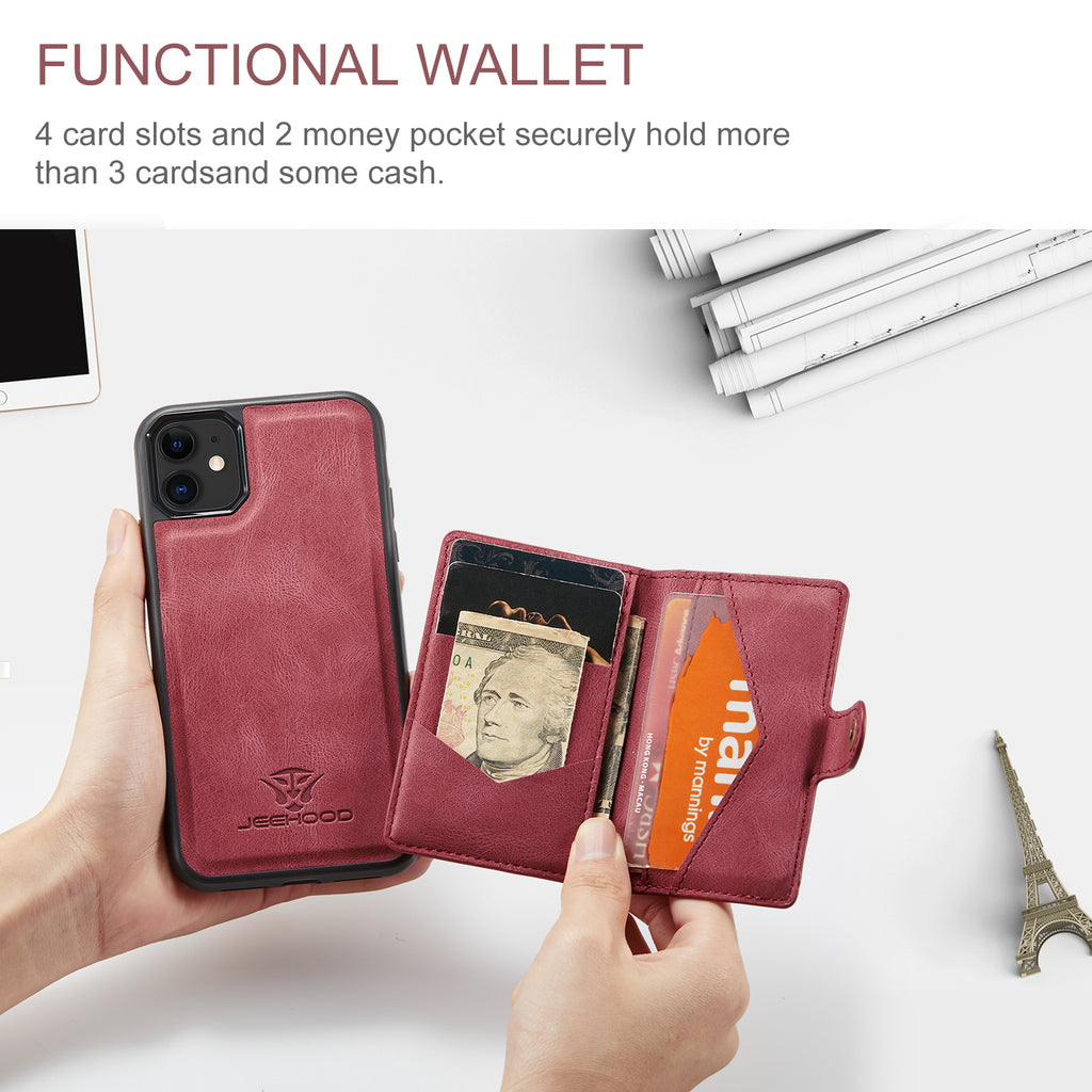 Étui JEEHOOD J01 pour iPhone 11, coque arrière en cuir rétro avec porte-cartes magnétique amovible
