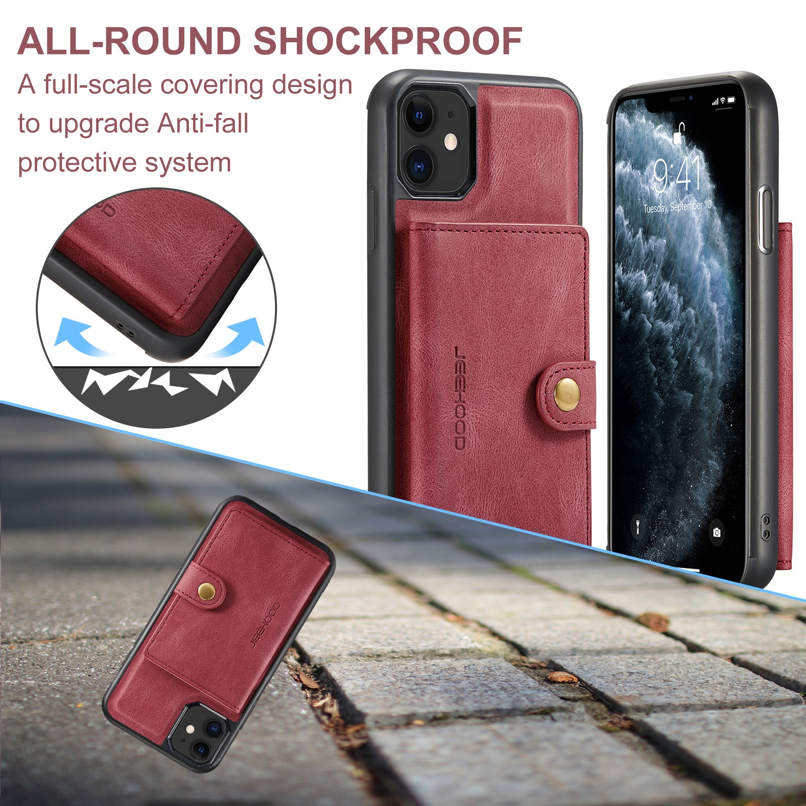 Étui JEEHOOD J01 pour iPhone 11, coque arrière en cuir rétro avec porte-cartes magnétique amovible