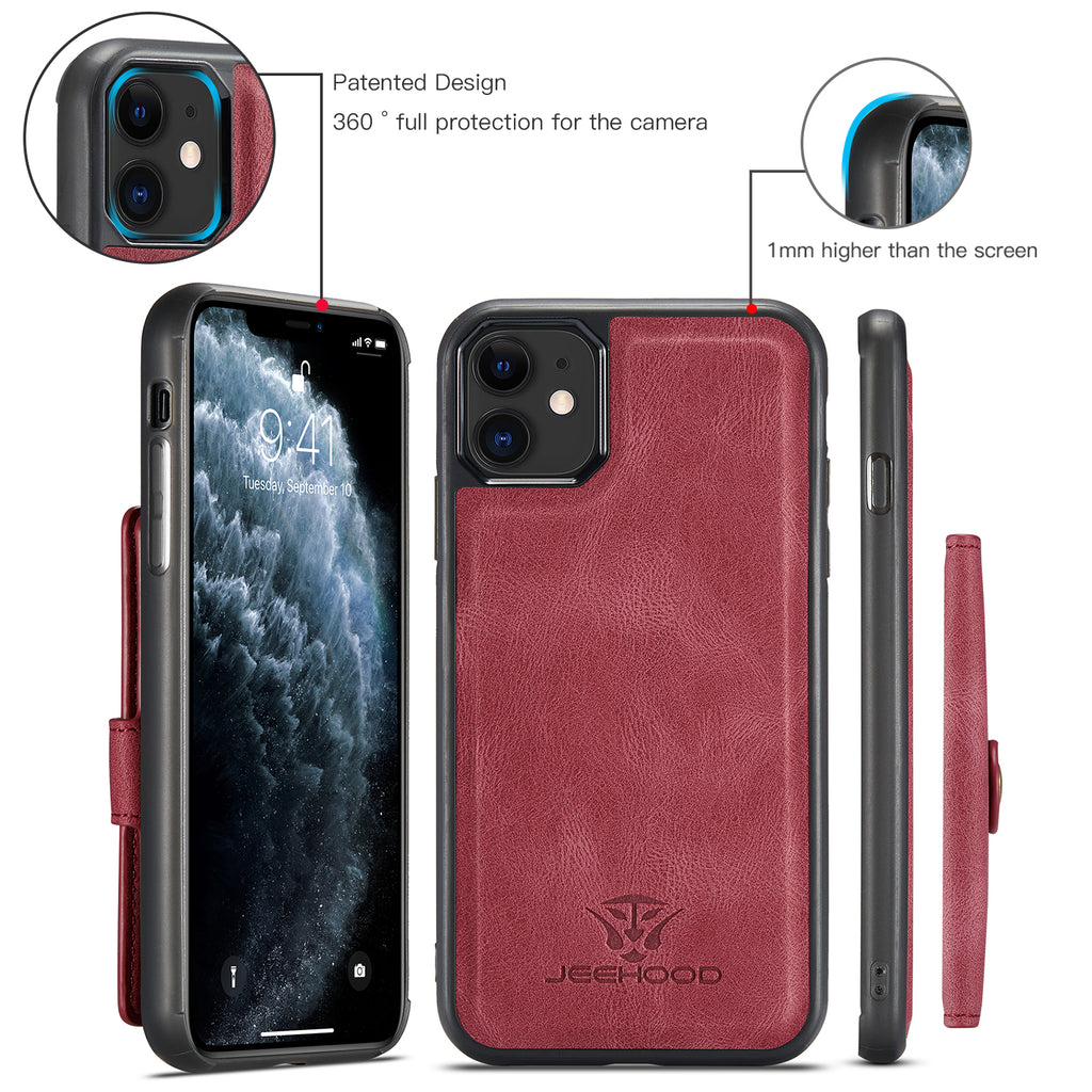 Étui JEEHOOD J01 pour iPhone 11, coque arrière en cuir rétro avec porte-cartes magnétique amovible