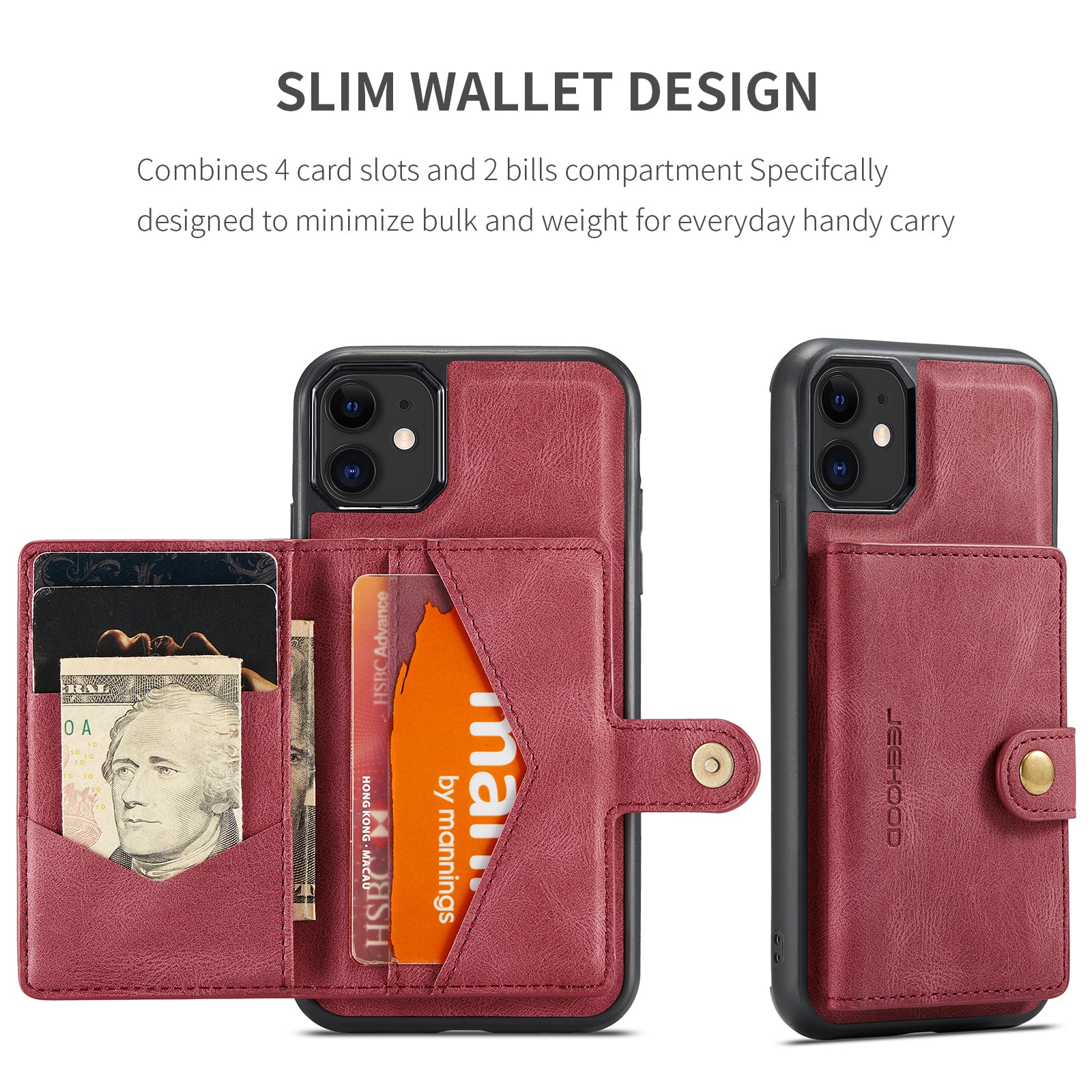 Étui JEEHOOD J01 pour iPhone 11, coque arrière en cuir rétro avec porte-cartes magnétique amovible