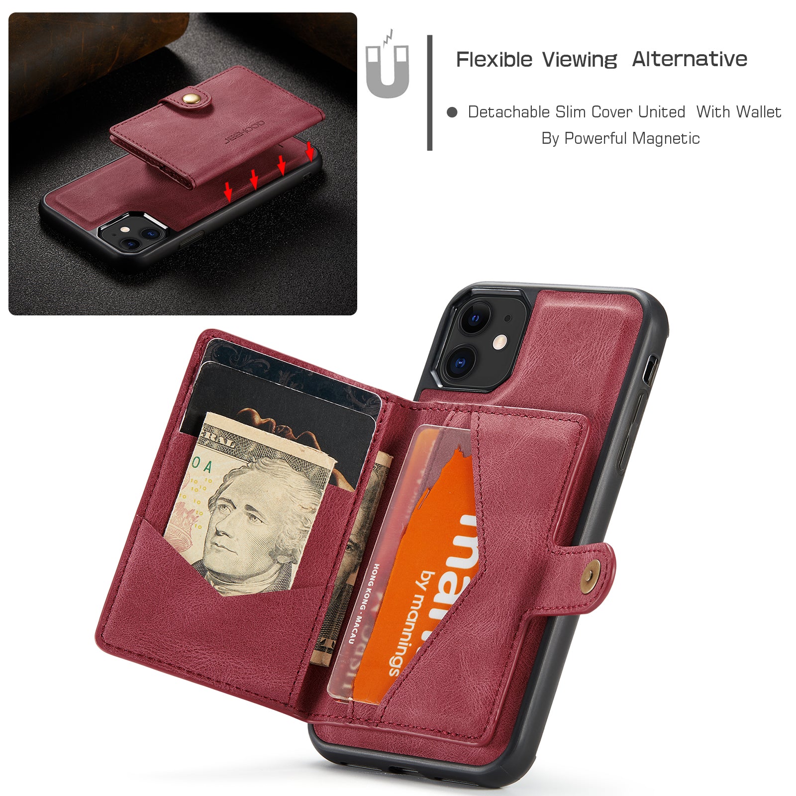 Étui JEEHOOD J01 en cuir rétro pour iPhone 11 Pro avec porte-cartes magnétique amovible