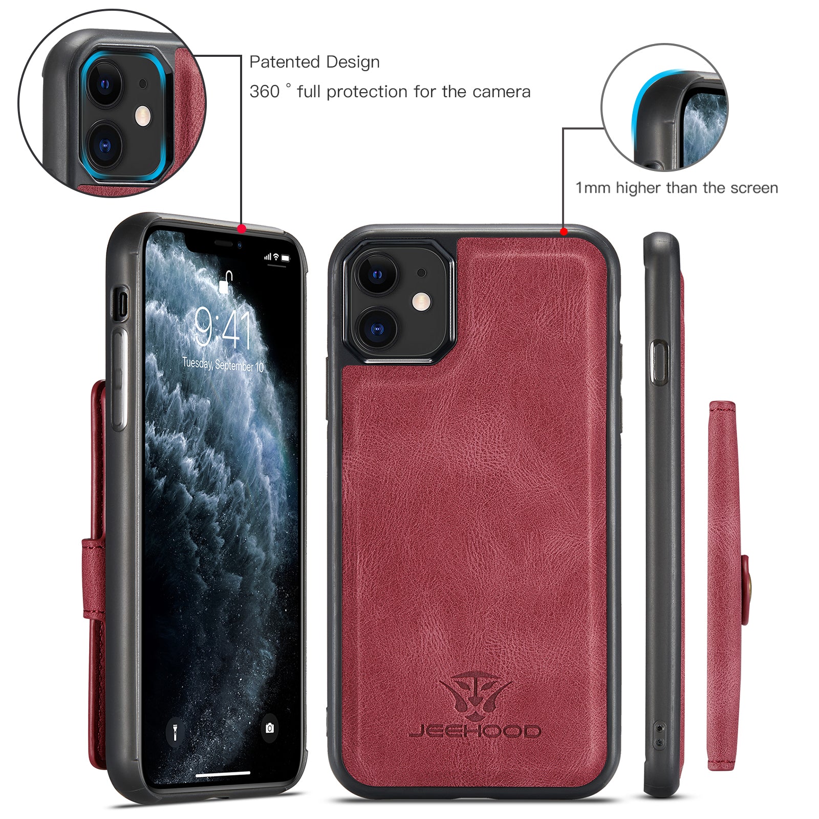 Étui JEEHOOD J01 en cuir rétro pour iPhone 11 Pro avec porte-cartes magnétique amovible