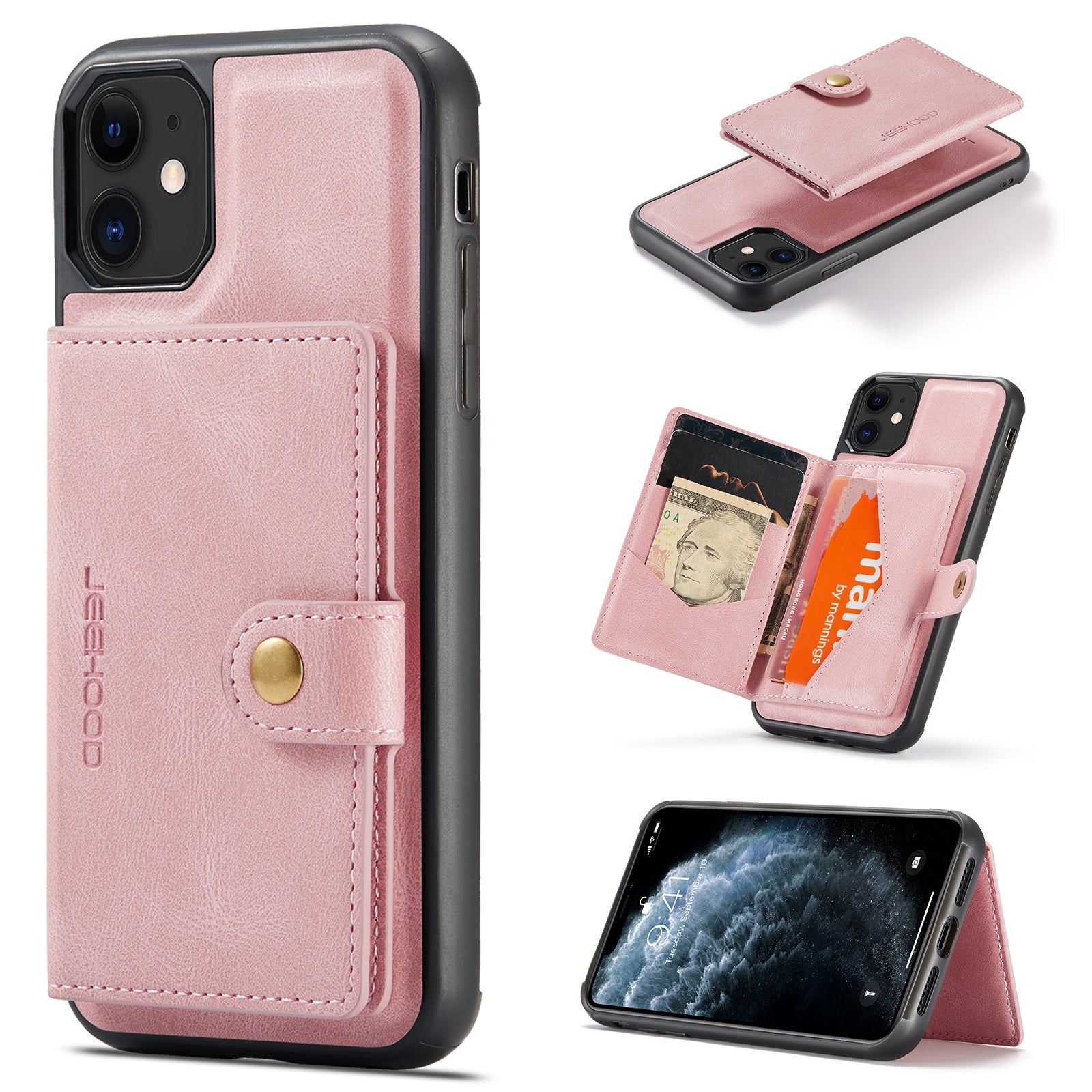 For iPhone 11 Pro Case JEEHOOD J01 Retro Leather Phone Back Cover with Detachable Magnetic Card Holder