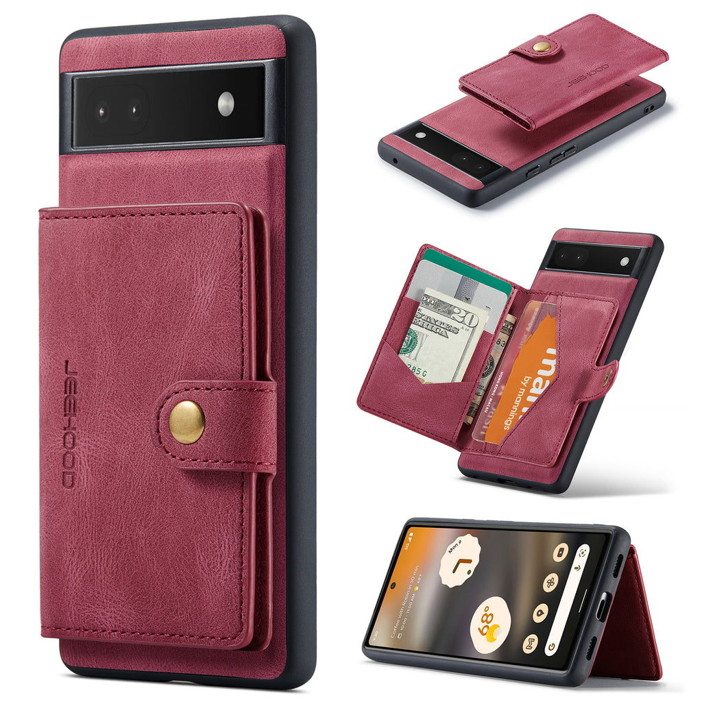 For Google Pixel 6a Case JEEHOOD J01 Retro Leather Phone Back Cover with Detachable Magnetic Card Holder