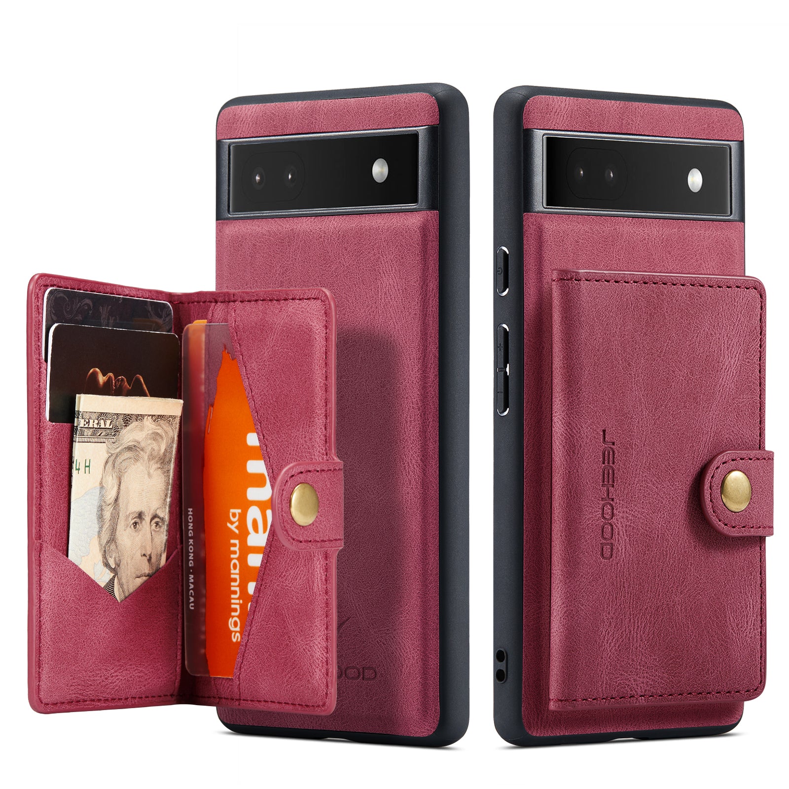 For Google Pixel 6a Case JEEHOOD J01 Retro Leather Phone Back Cover with Detachable Magnetic Card Holder