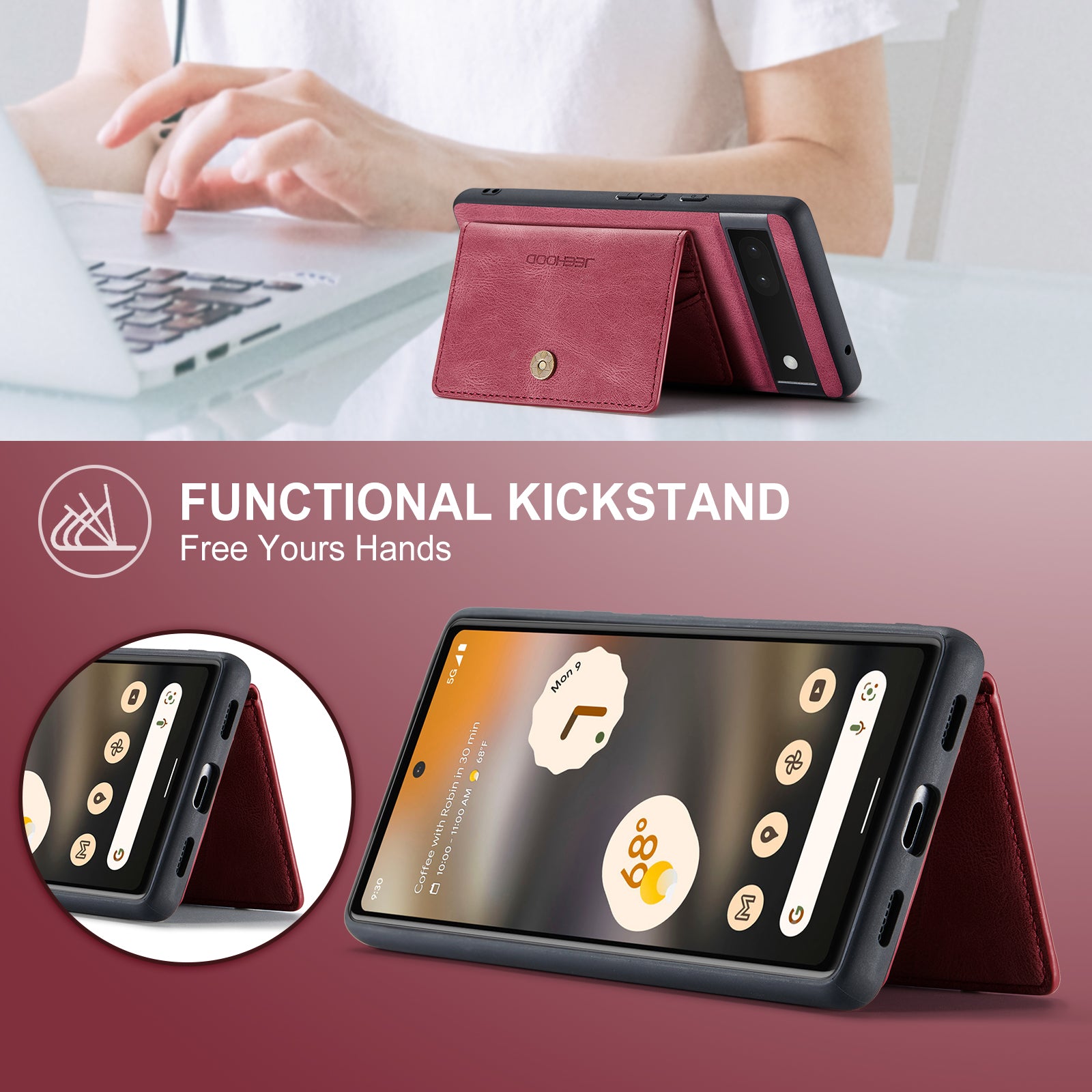 For Google Pixel 6a Case JEEHOOD J01 Retro Leather Phone Back Cover with Detachable Magnetic Card Holder