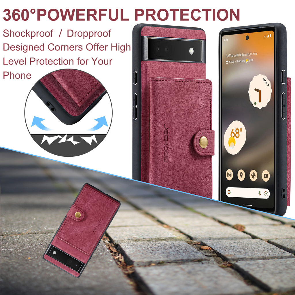 For Google Pixel 6a Case JEEHOOD J01 Retro Leather Phone Back Cover with Detachable Magnetic Card Holder