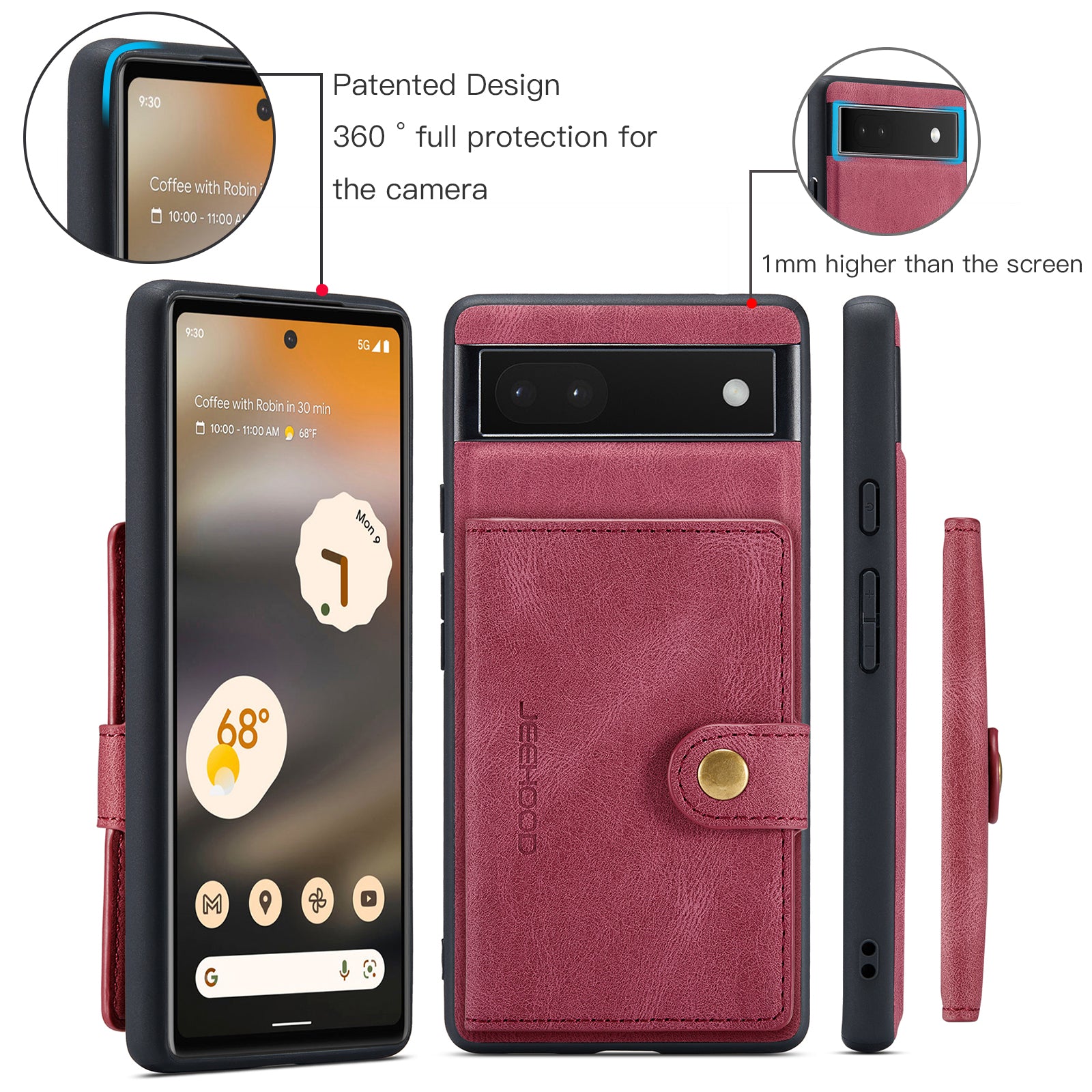 For Google Pixel 6a Case JEEHOOD J01 Retro Leather Phone Back Cover with Detachable Magnetic Card Holder