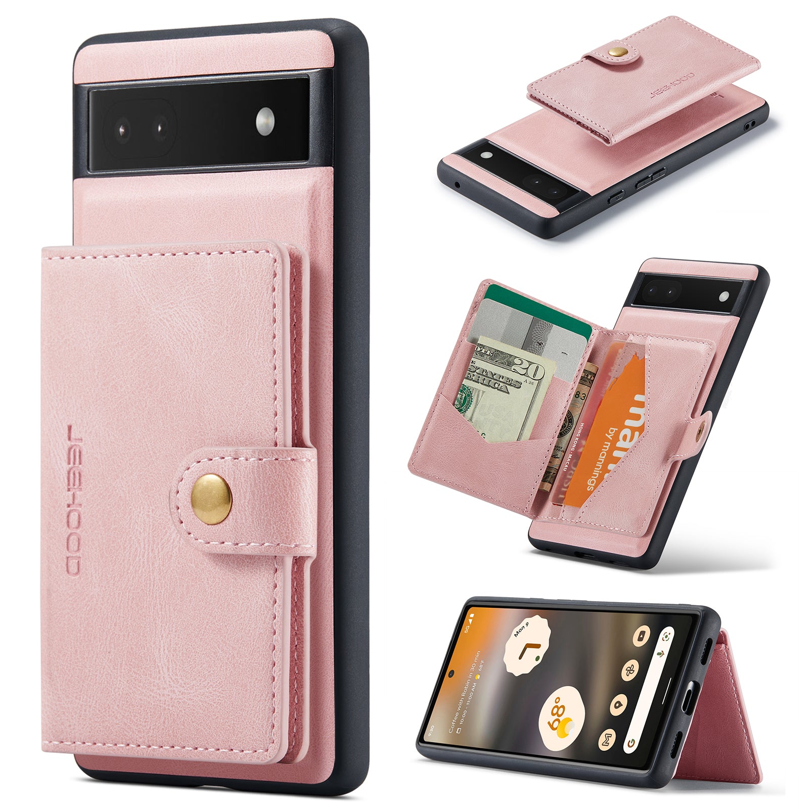 For Google Pixel 6a Case JEEHOOD J01 Retro Leather Phone Back Cover with Detachable Magnetic Card Holder