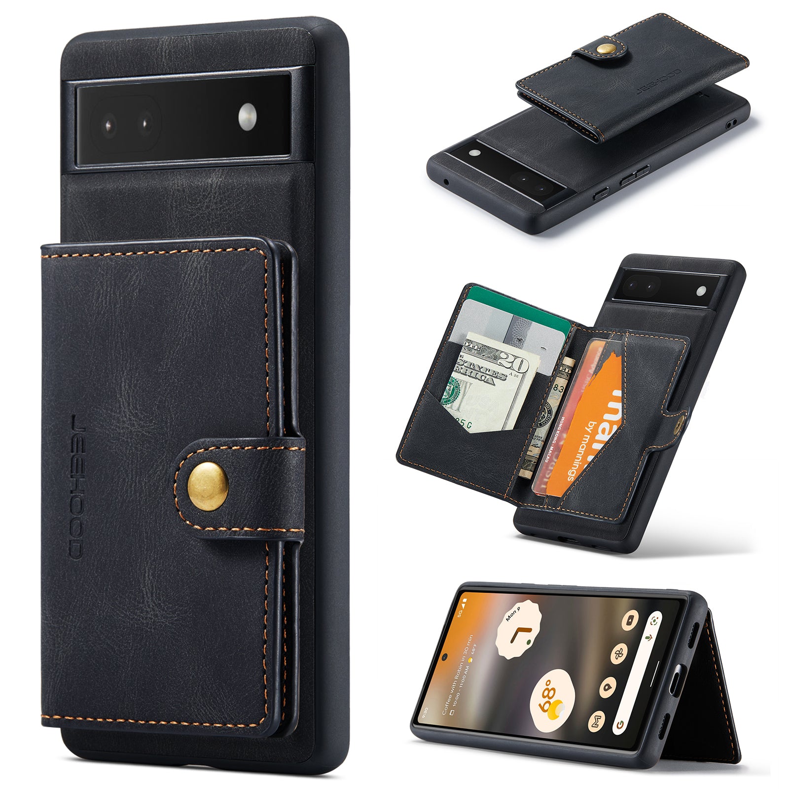 For Google Pixel 6a Case JEEHOOD J01 Retro Leather Phone Back Cover with Detachable Magnetic Card Holder