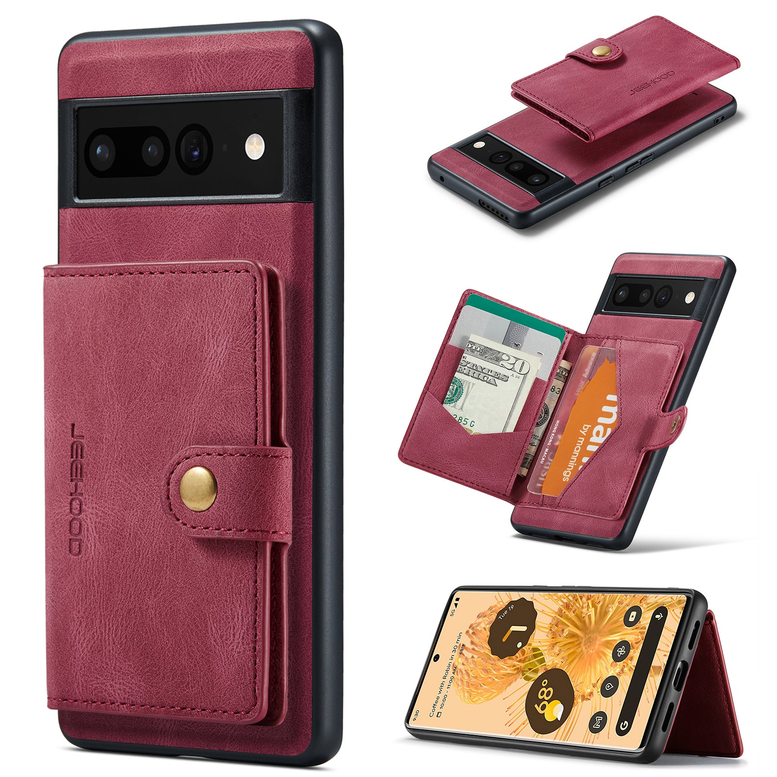 For Google Pixel 7 Pro 5G Case JEEHOOD J01 Retro Leather Phone Back Cover with Detachable Magnetic Card Holder