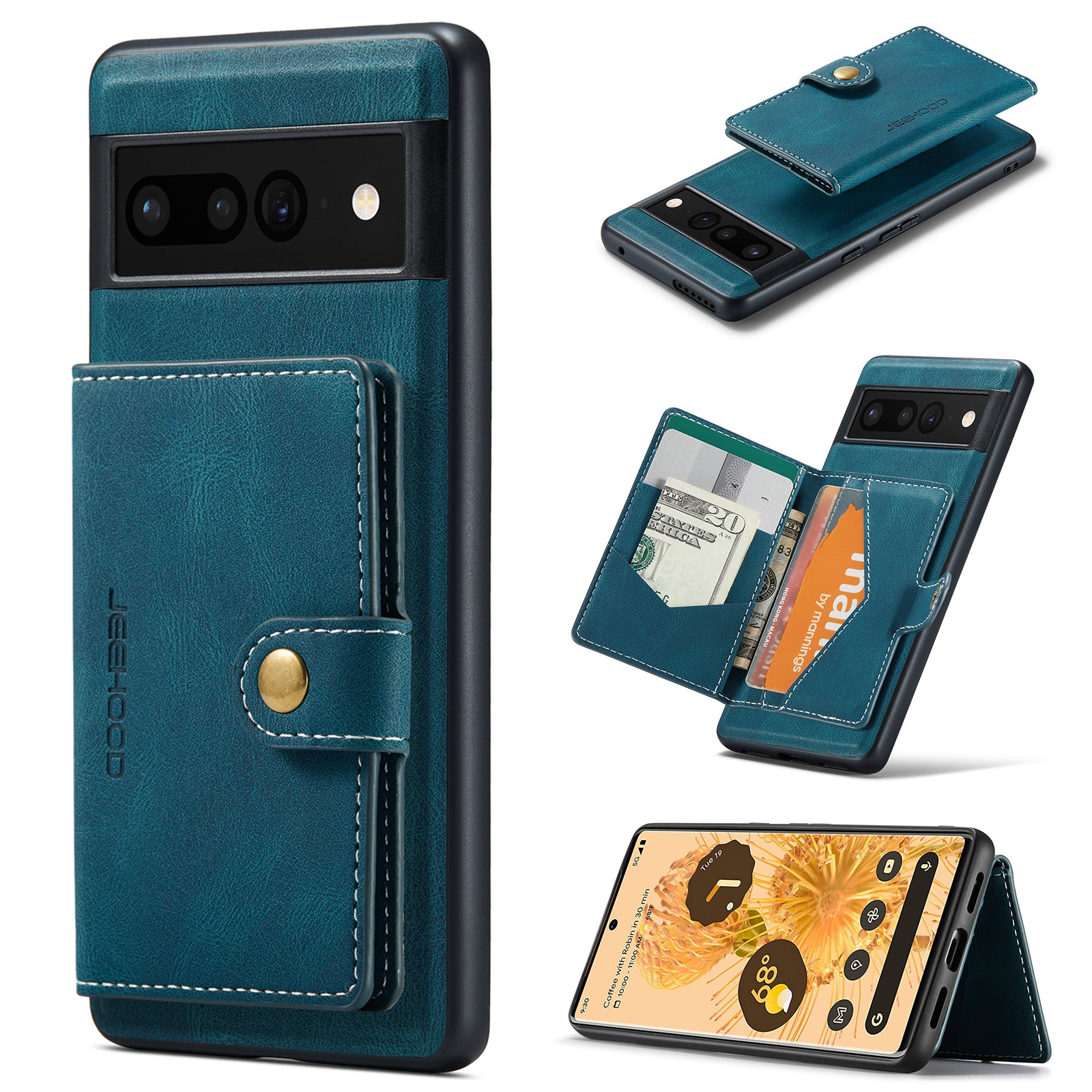 For Google Pixel 7 Pro 5G Case JEEHOOD J01 Retro Leather Phone Back Cover with Detachable Magnetic Card Holder