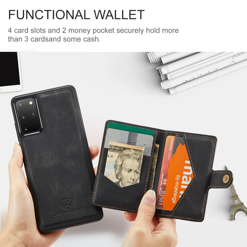 For Samsung Galaxy S20 Plus 5G Case JEEHOOD J01 Retro Leather Phone Back Cover with Detachable Magnetic Card Holder