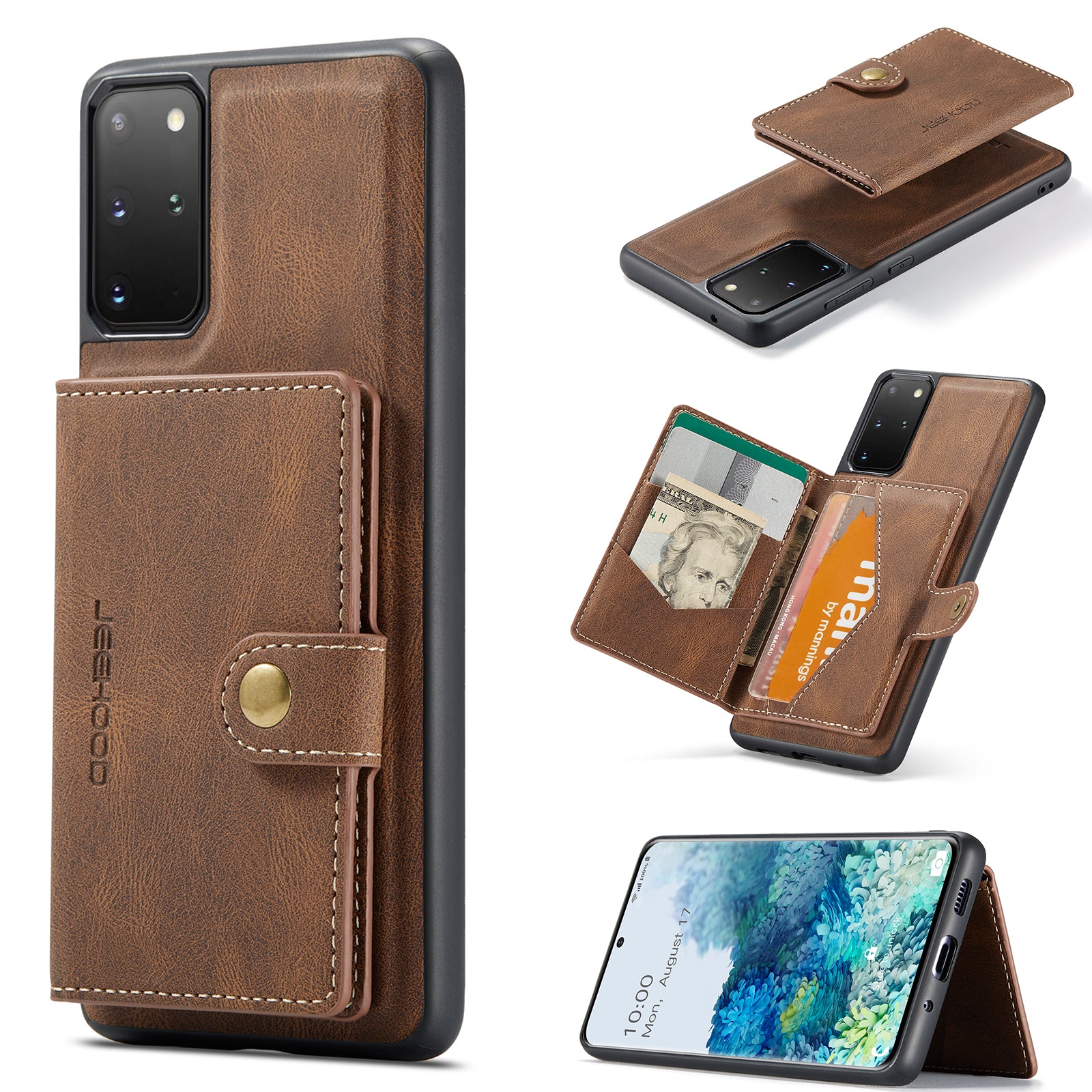 For Samsung Galaxy S20 Plus 5G Case JEEHOOD J01 Retro Leather Phone Back Cover with Detachable Magnetic Card Holder