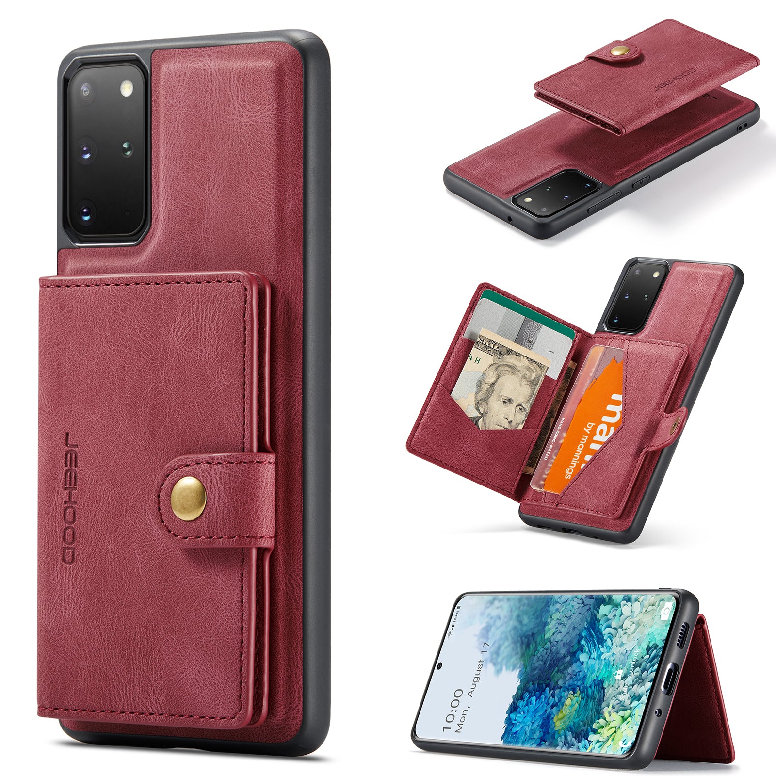 For Samsung Galaxy S20 Plus 5G Case JEEHOOD J01 Retro Leather Phone Back Cover with Detachable Magnetic Card Holder