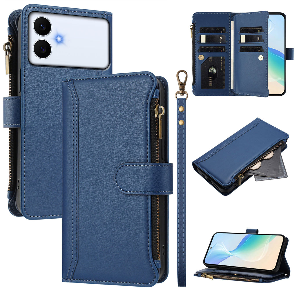 For Samsung Galaxy S26 Edge Leather Case 9 Card Slots Zipper Wallet Stand Phone Cover with Wrist Strap