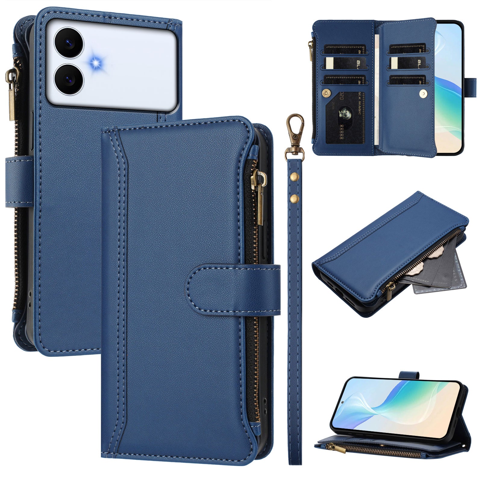 For Samsung Galaxy S26 Edge Leather Case 9 Card Slots Zipper Wallet Stand Phone Cover with Wrist Strap