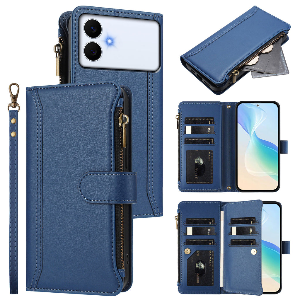 For Samsung Galaxy S26 Edge Leather Case 9 Card Slots Zipper Wallet Stand Phone Cover with Wrist Strap