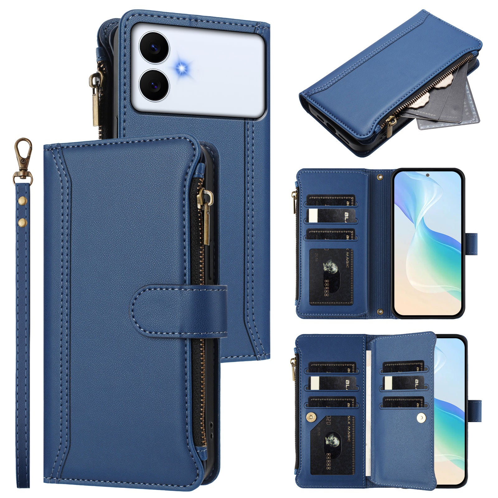 For Samsung Galaxy S26 Edge Leather Case 9 Card Slots Zipper Wallet Stand Phone Cover with Wrist Strap