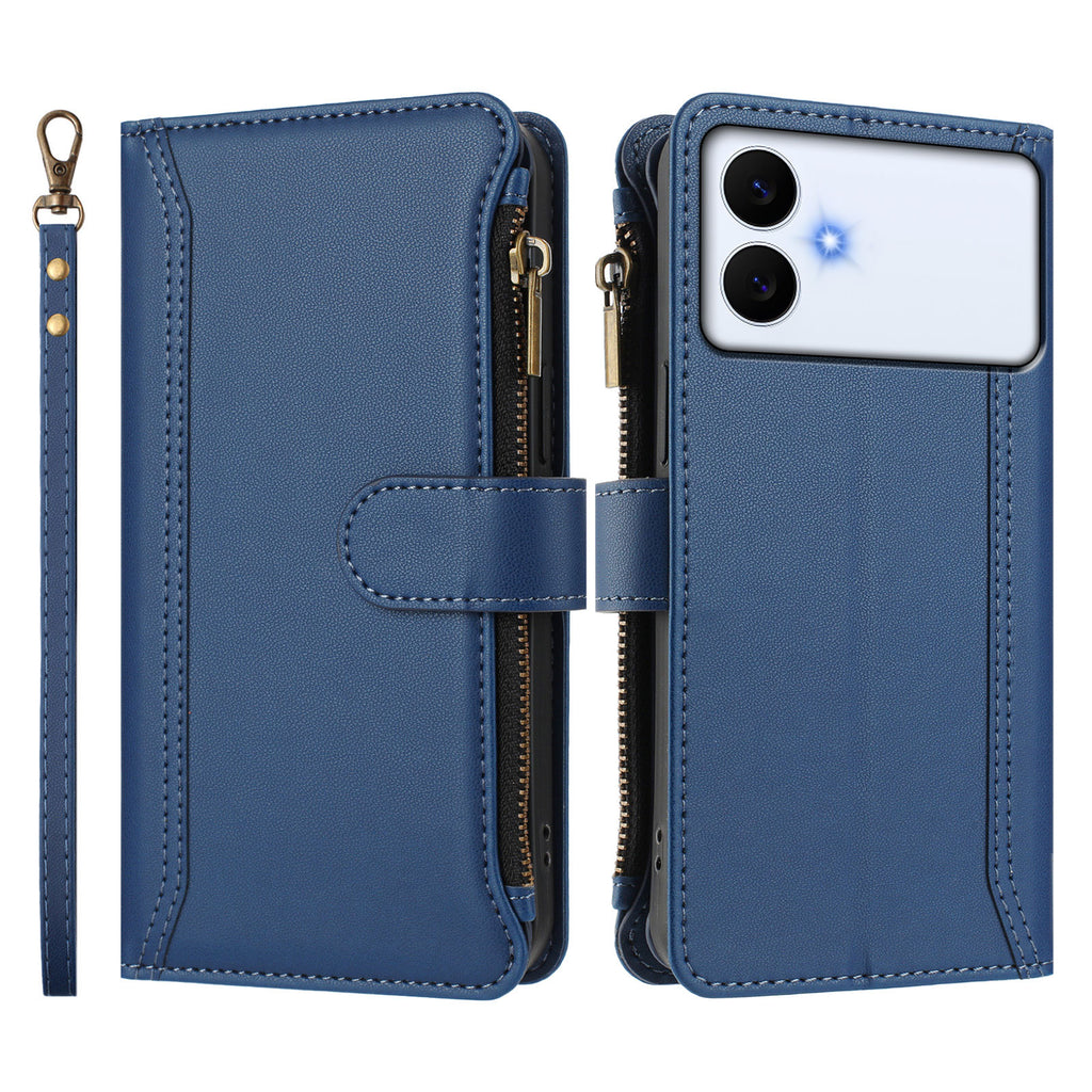 For Samsung Galaxy S26 Edge Leather Case 9 Card Slots Zipper Wallet Stand Phone Cover with Wrist Strap