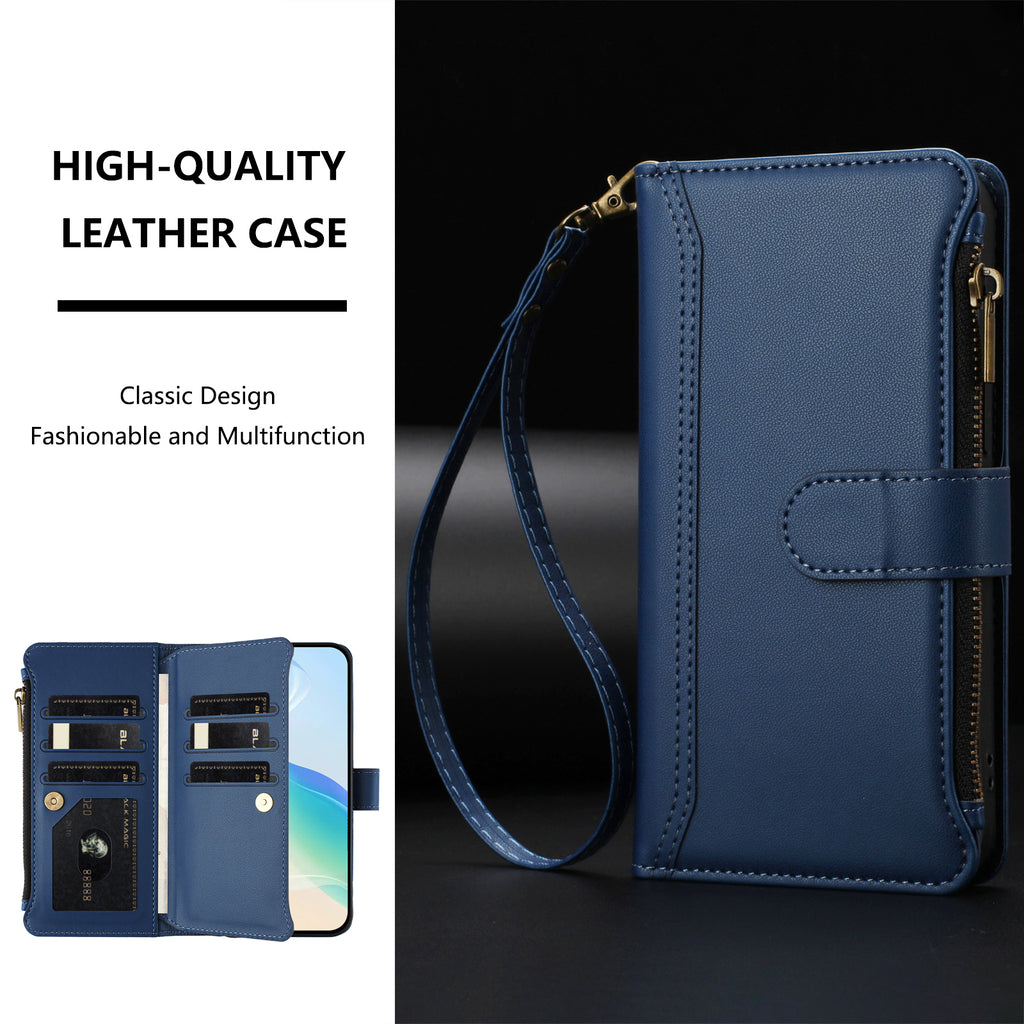 For Samsung Galaxy S26 Edge Leather Case 9 Card Slots Zipper Wallet Stand Phone Cover with Wrist Strap
