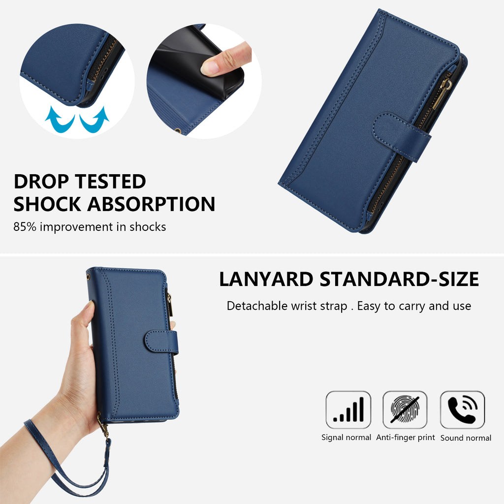 For Samsung Galaxy S26 Edge Leather Case 9 Card Slots Zipper Wallet Stand Phone Cover with Wrist Strap