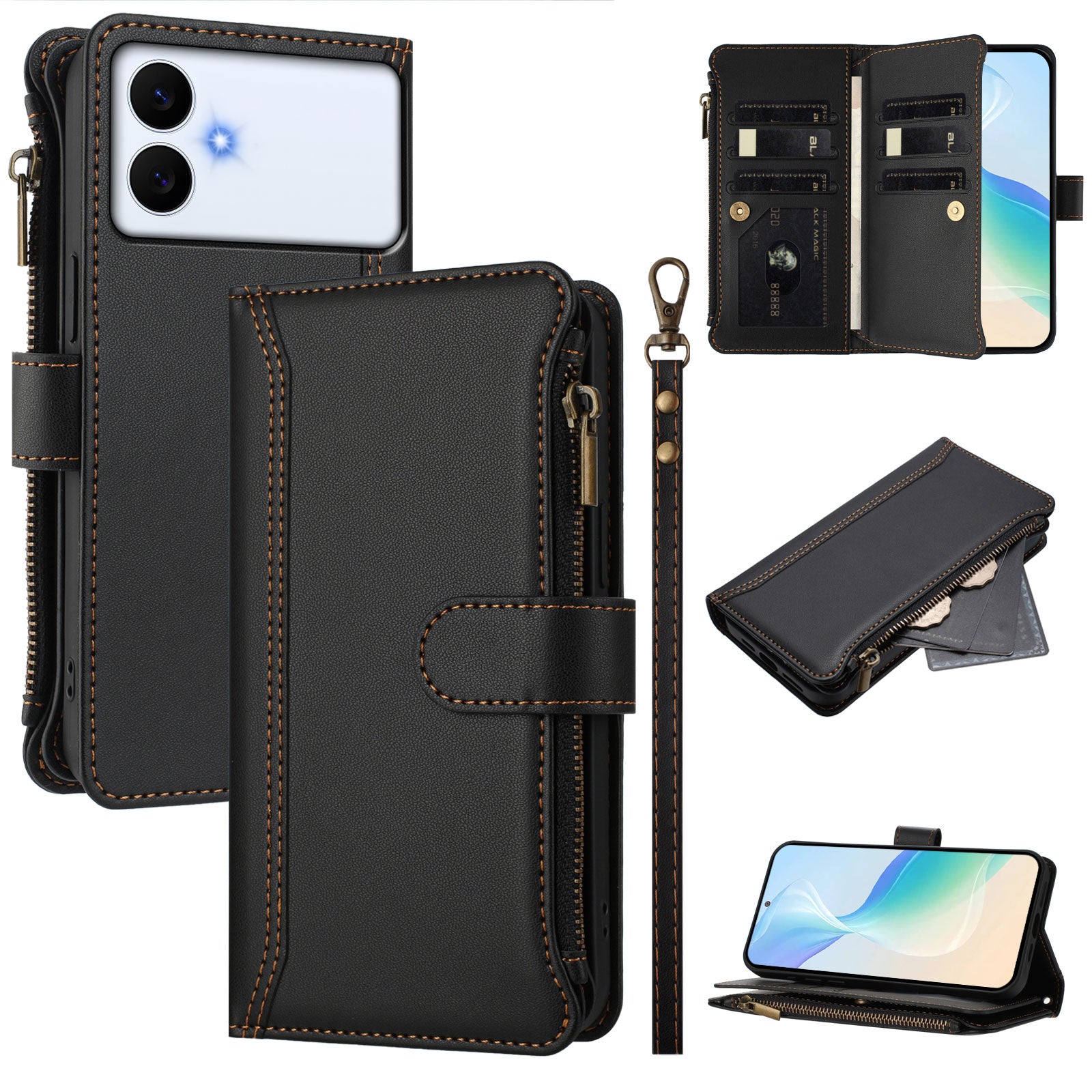 For Samsung Galaxy S26 Edge Leather Case 9 Card Slots Zipper Wallet Stand Phone Cover with Wrist Strap