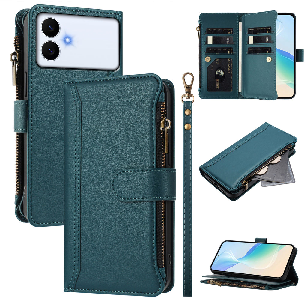 Funda de piel para Samsung Galaxy S26 Edge con 9 ranuras para tarjetas, cremallera, soporte y correa de muñeca.