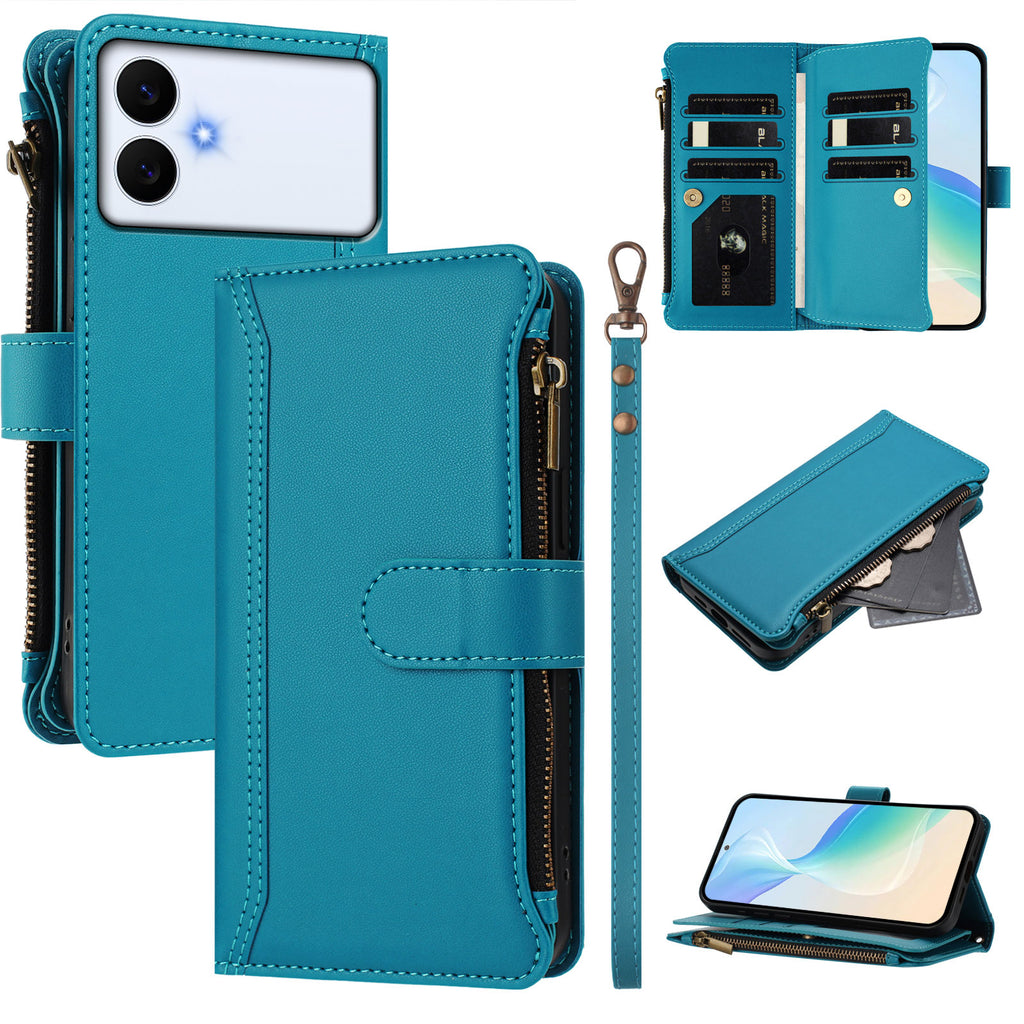 For Samsung Galaxy S26 Edge Leather Case 9 Card Slots Zipper Wallet Stand Phone Cover with Wrist Strap