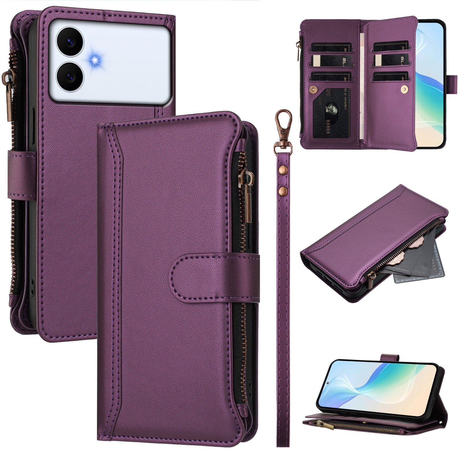 For Samsung Galaxy S26 Edge Leather Case 9 Card Slots Zipper Wallet Stand Phone Cover with Wrist Strap