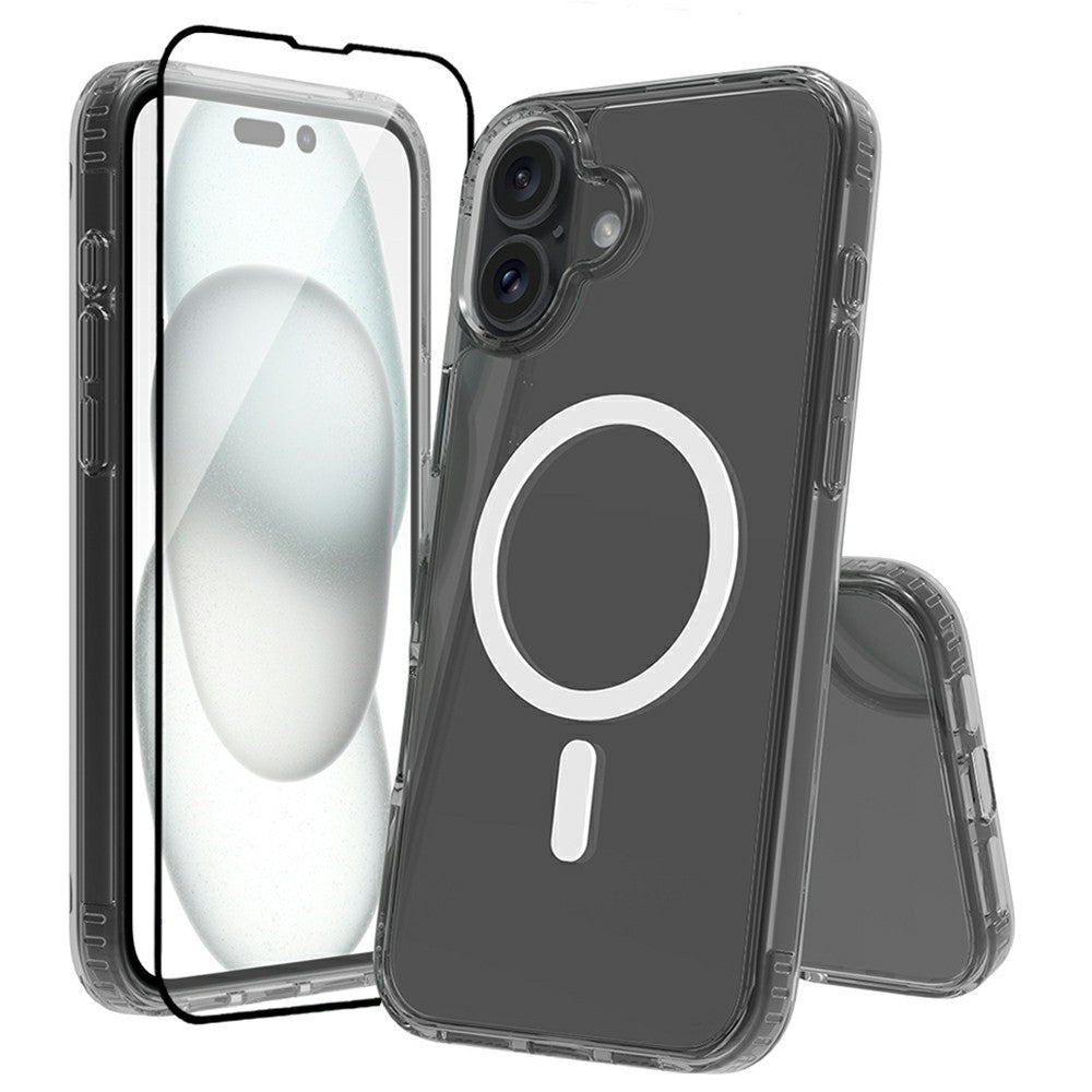 For iPhone 16 Case Compatible with MagSafe PC + TPU Clear Phone Cover with Tempered Glass Screen Protector