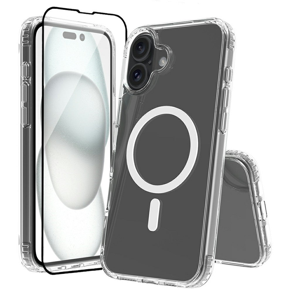 For iPhone 16 Case Compatible with MagSafe PC + TPU Clear Phone Cover with Tempered Glass Screen Protector