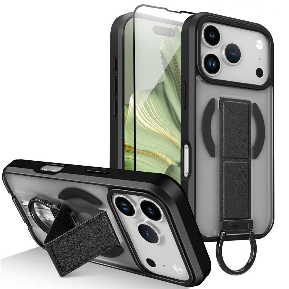 For iPhone 17 Pro Max Magnetic Case Metal D-Ring Kickstand PC + TPU Phone Cover with Tempered Glass Screen Film