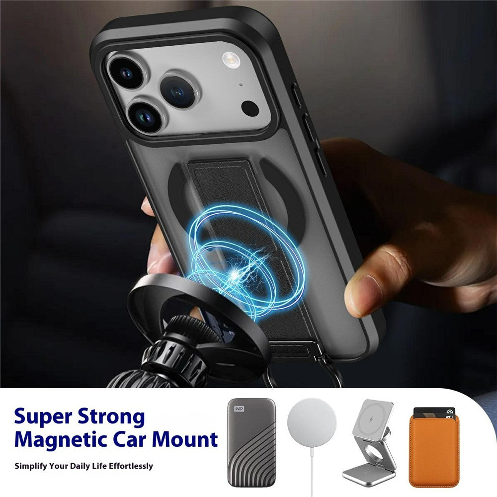 For iPhone 17 Pro Max Magnetic Case Metal D-Ring Kickstand PC + TPU Phone Cover with Tempered Glass Screen Film